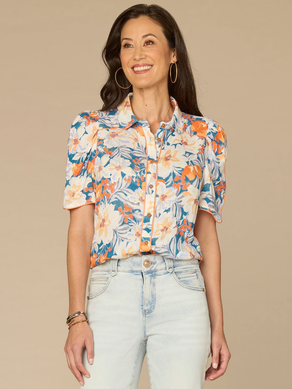 Above Elbow Puff Sleeve Scallop Collar Button Down Printed Woven Top