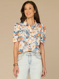 Above Elbow Puff Sleeve Scallop Collar Button Down Printed Woven Top