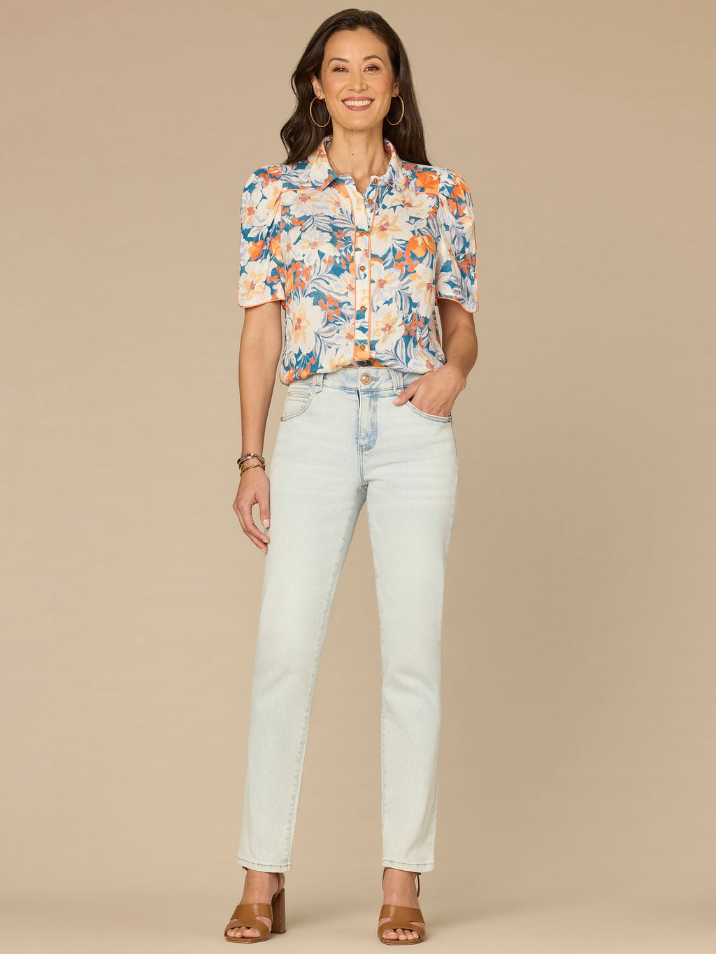 Above Elbow Puff Sleeve Scallop Collar Button Down Printed Woven Top