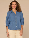 Below Elbow Sleeve Scallop Collar Snap Button Down Woven Denim Top