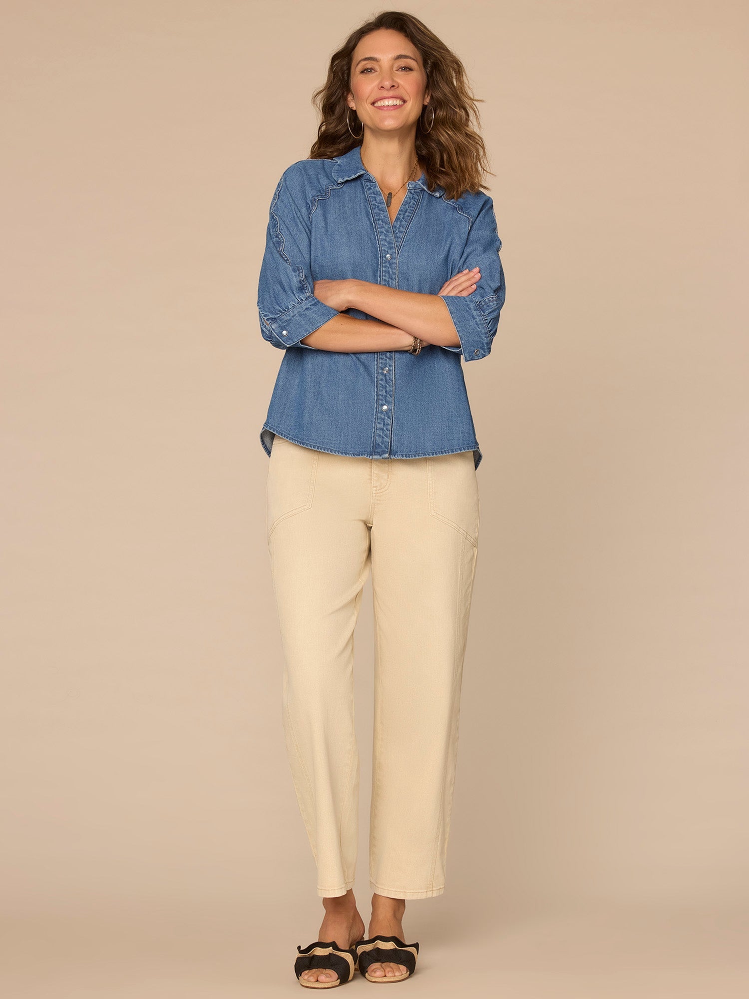 Below Elbow Sleeve Scallop Collar Snap Button Down Woven Denim Top