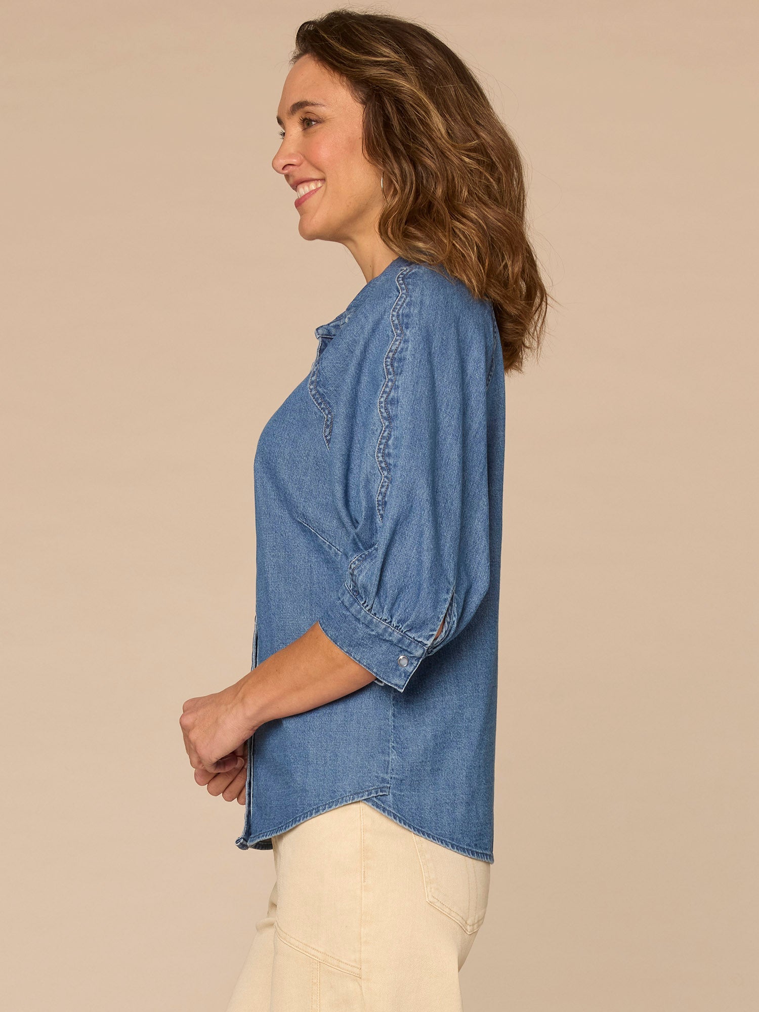 Below Elbow Sleeve Scallop Collar Snap Button Down Petite Denim Top