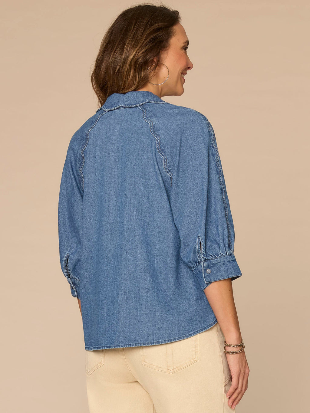 Below Elbow Sleeve Scallop Collar Snap Button Down Petite Denim Top