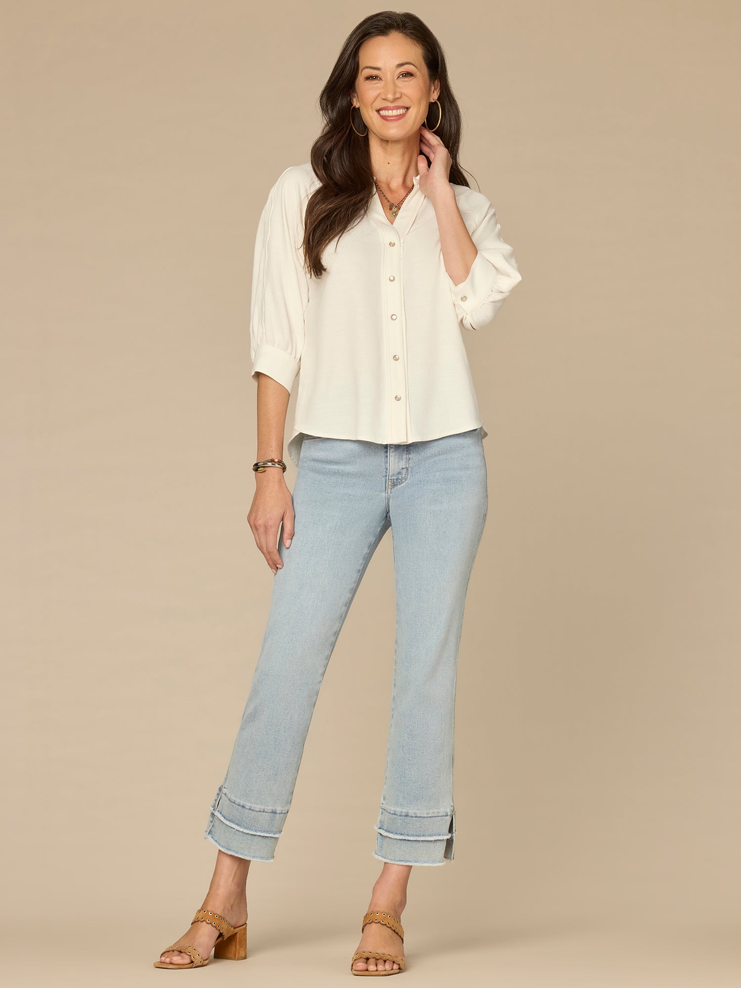 Below Elbow V-Neck Snap Front Petite Woven Shirt with Scallop Edge
