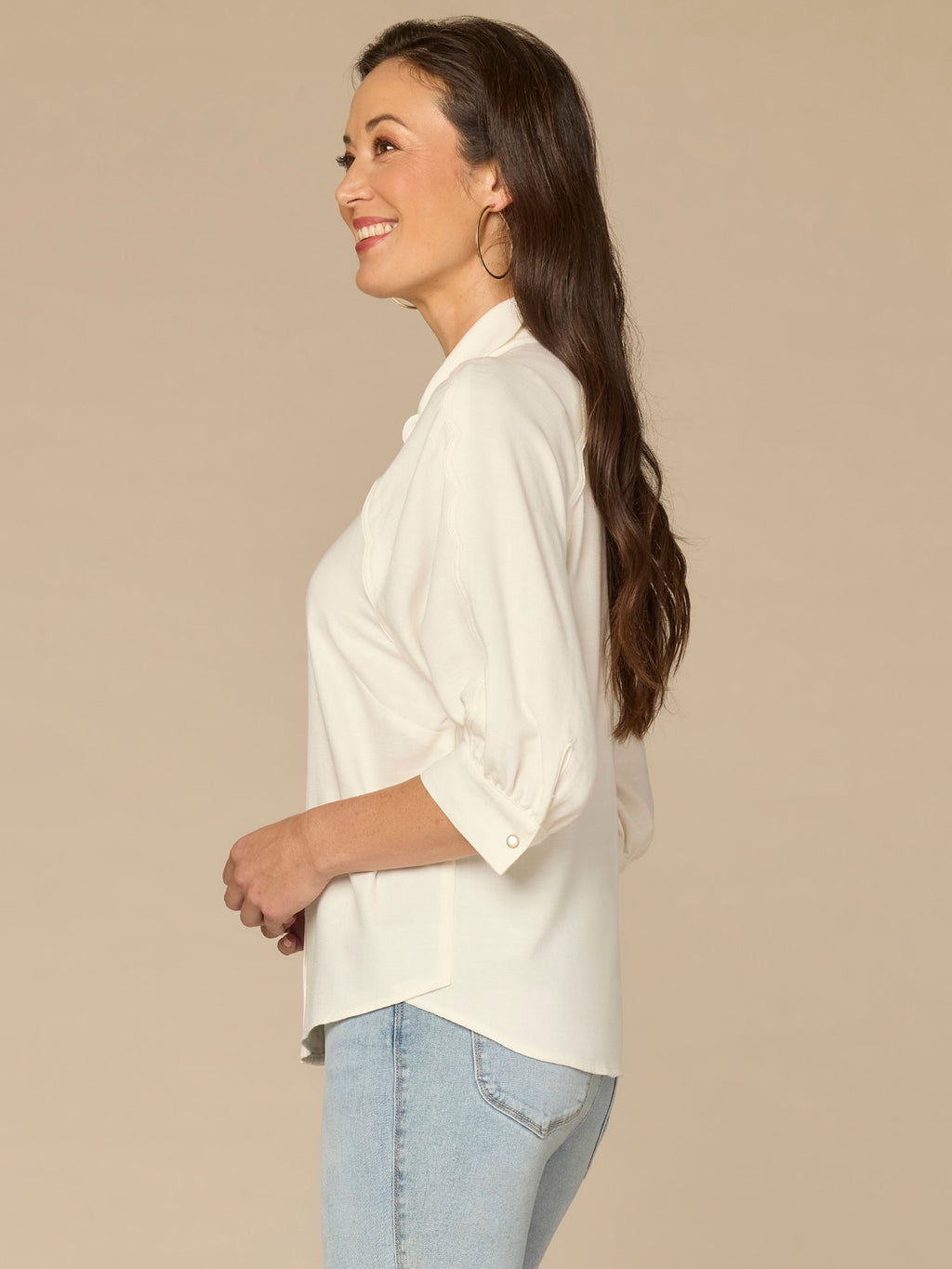 Below Elbow V-Neck Snap Front Petite Woven Shirt with Scallop Edge