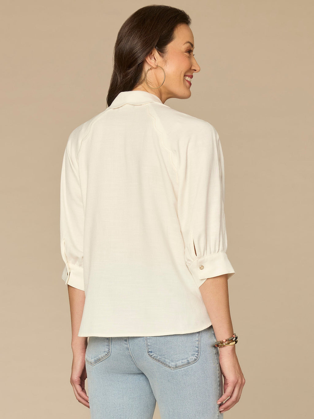 Below Elbow V-Neck Snap Front Woven Shirt with Scallop Edge Detail