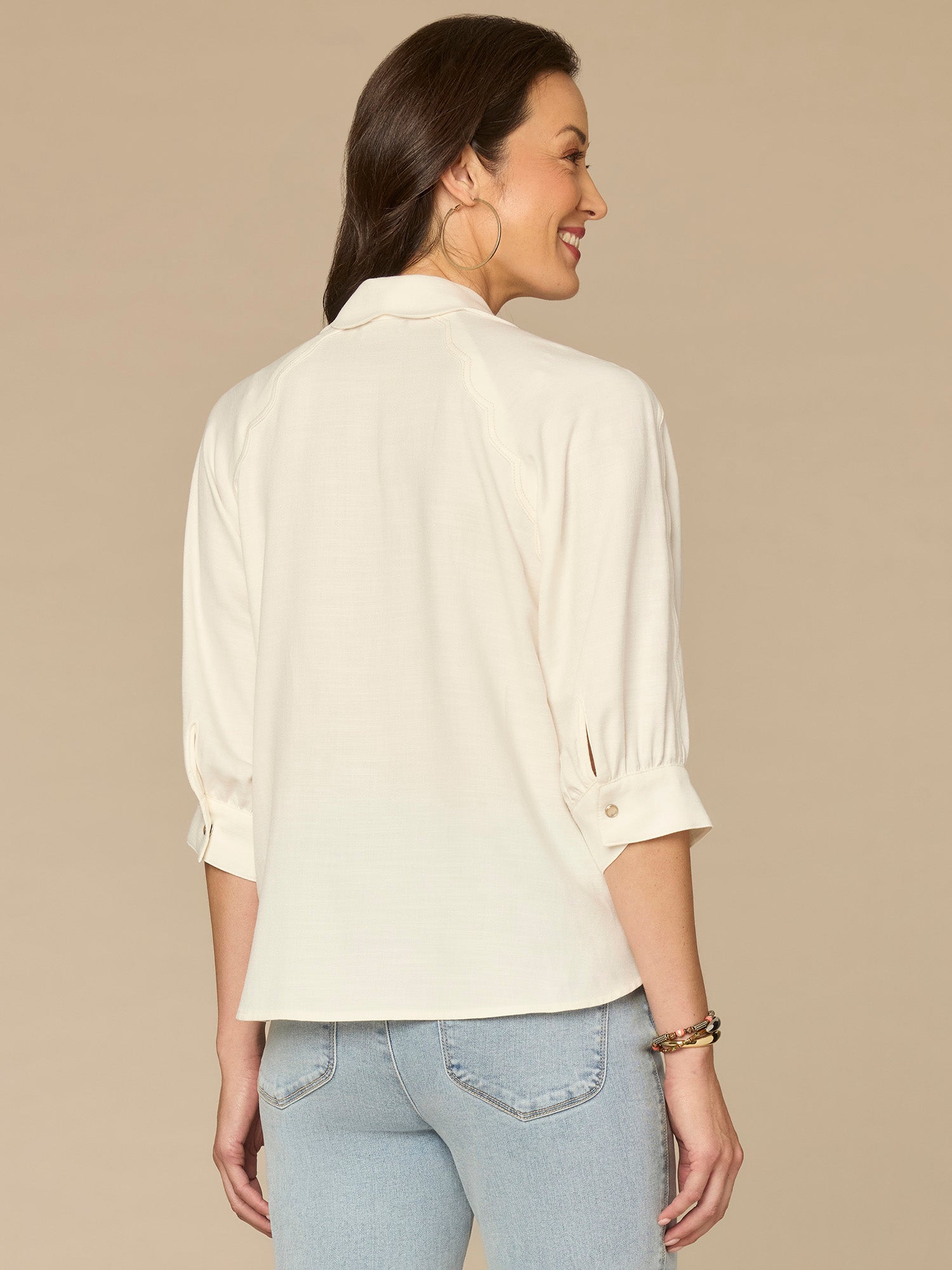 Below Elbow V-Neck Snap Front Petite Woven Shirt with Scallop Edge