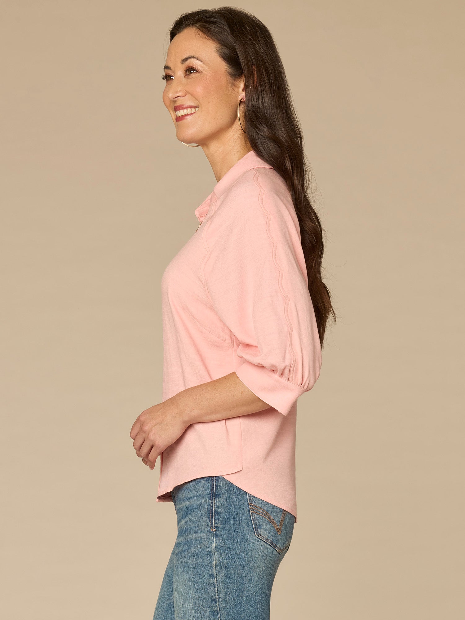 Below Elbow V-Neck Snap Front Woven Shirt with Scallop Edge Detail