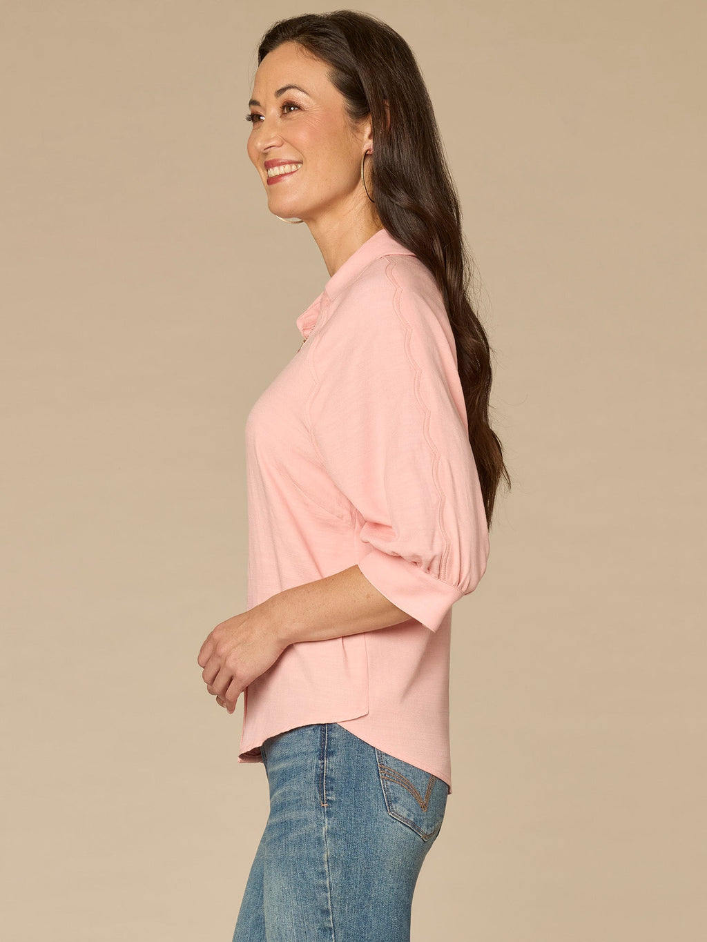 Below Elbow V-Neck Snap Front Petite Woven Shirt with Scallop Edge