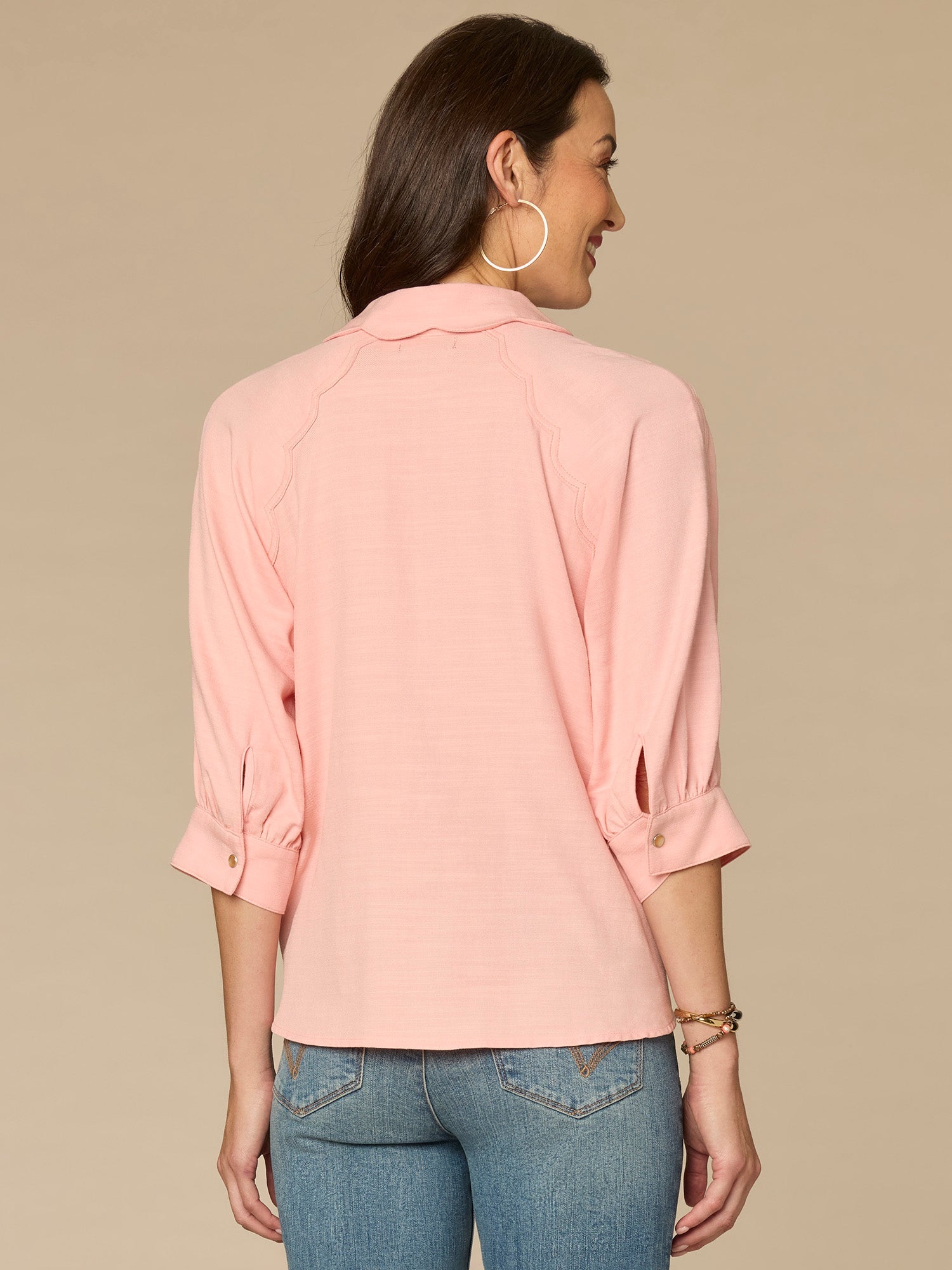 Below Elbow V-Neck Snap Front Petite Woven Shirt with Scallop Edge