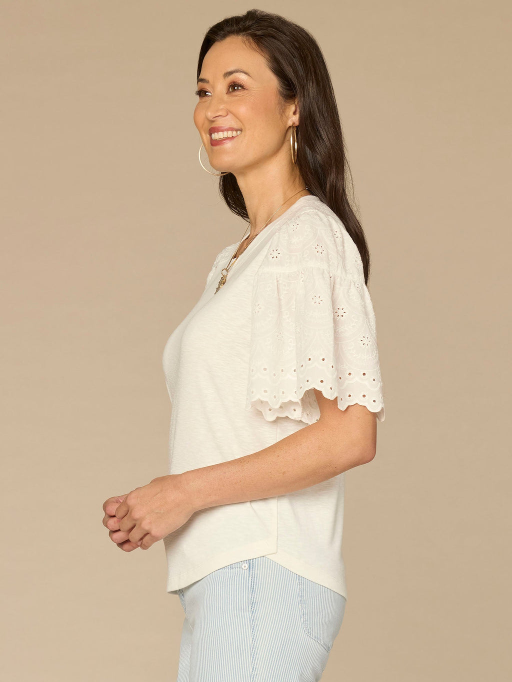 Embroidered Elbow Puff Sleeve Scoop Neck Mixed Media Knit Top