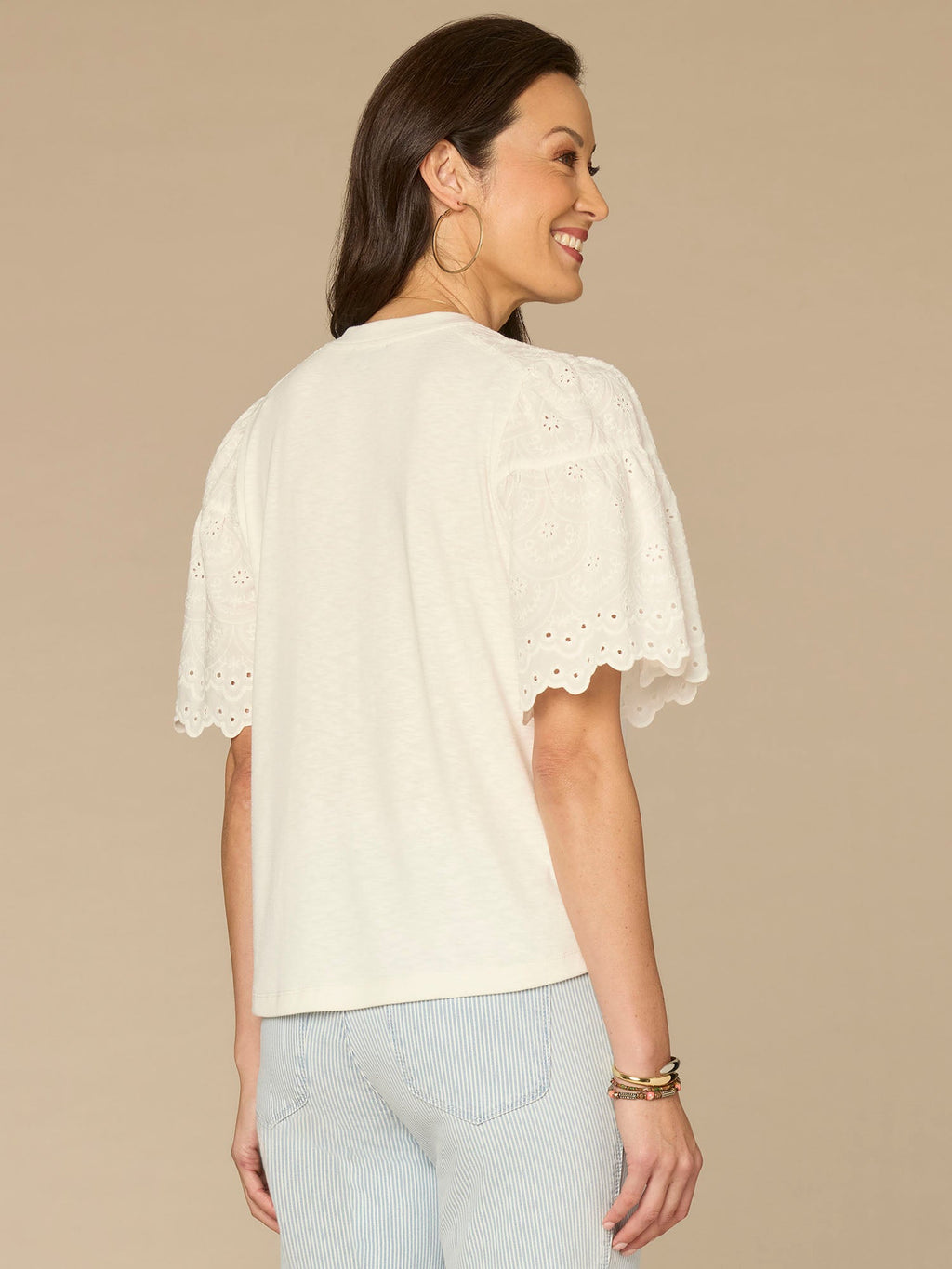 Embroidered Elbow Puff Sleeve Scoop Neck Mixed Media Knit Top