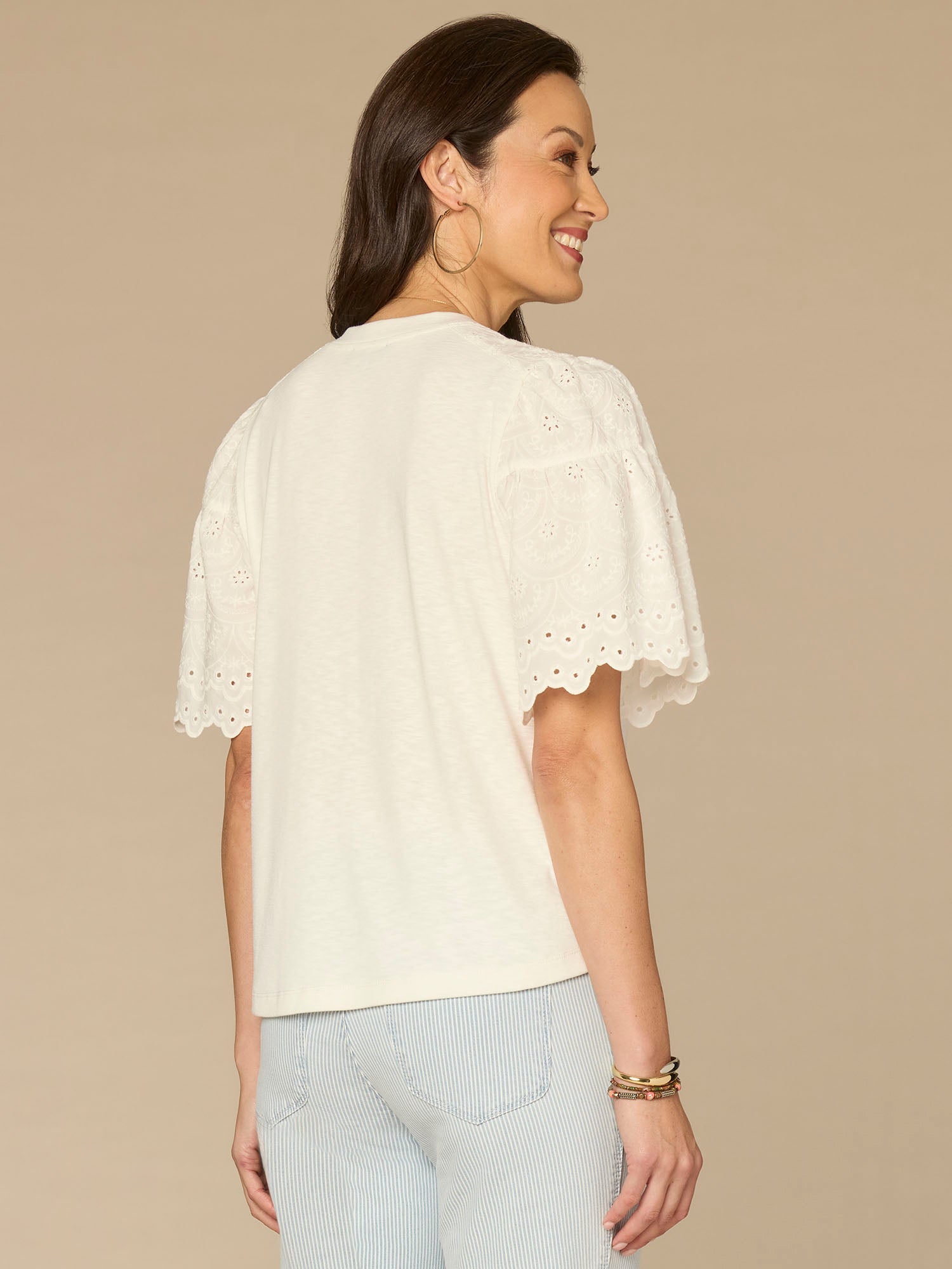 Embroidered Elbow Puff Sleeve Scoop Neck Mixed Media Knit Top