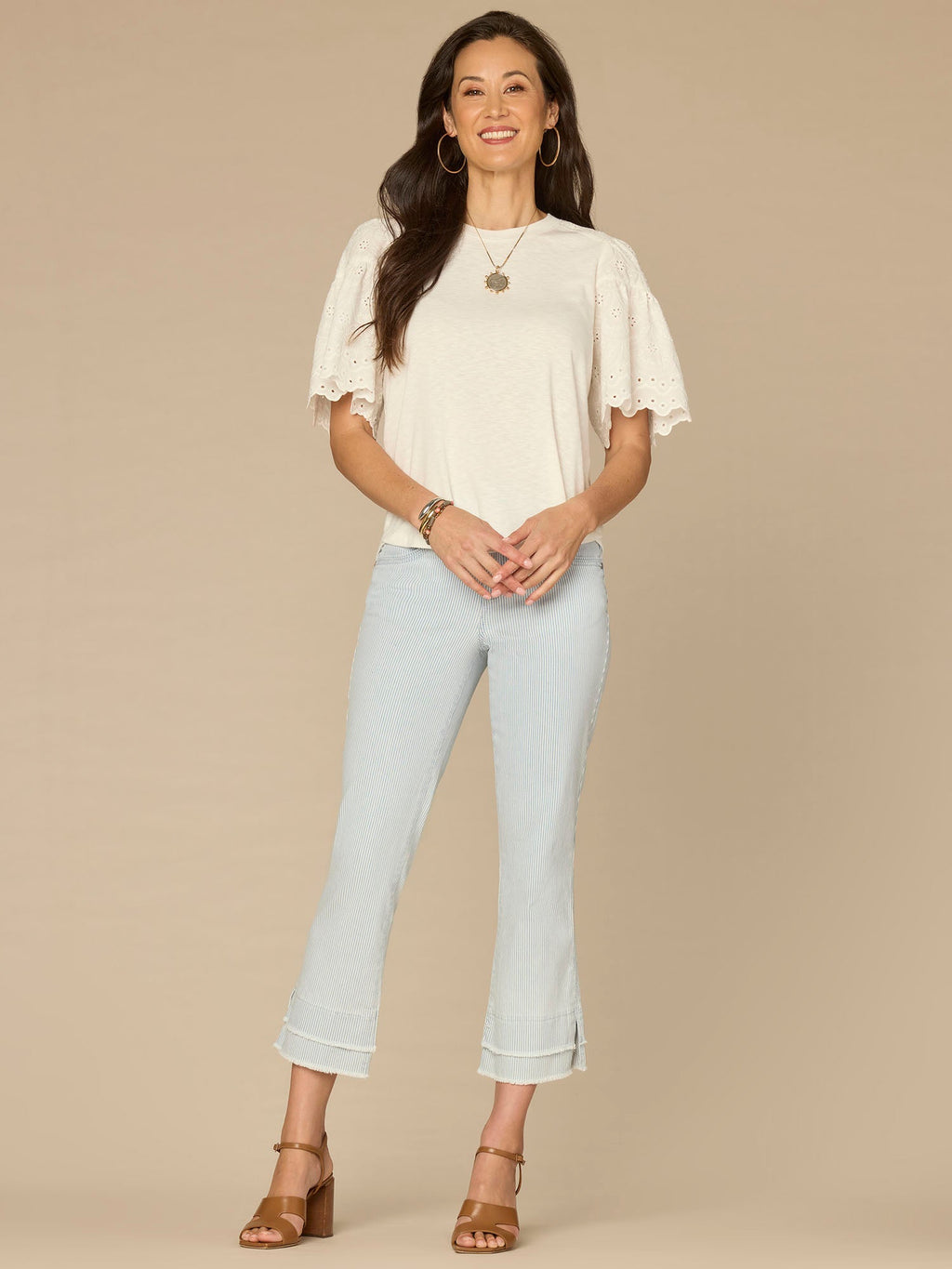 Embroidered Elbow Puff Sleeve Scoop Neck Mixed Media Knit Top