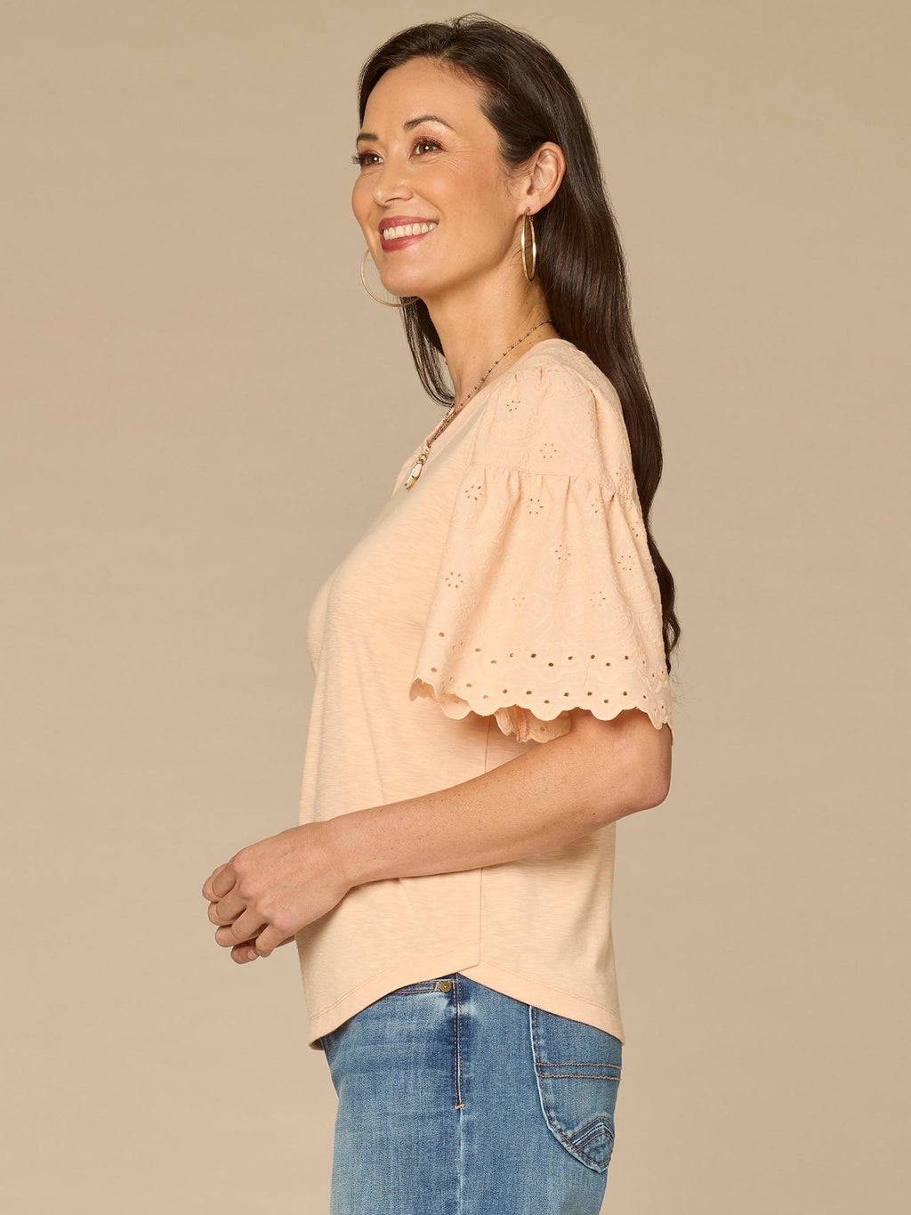Embroidered Elbow Puff Sleeve Scoop Neck Mixed Media Knit Top