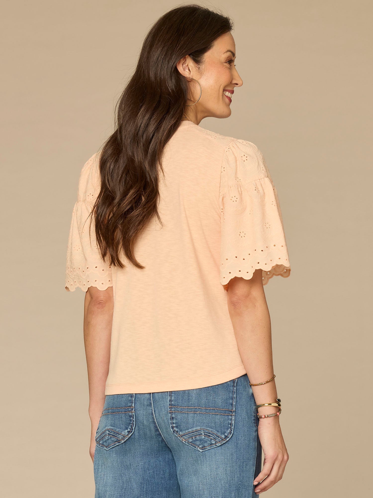 Embroidered Elbow Puff Sleeve Scoop Neck Mixed Media Knit Top