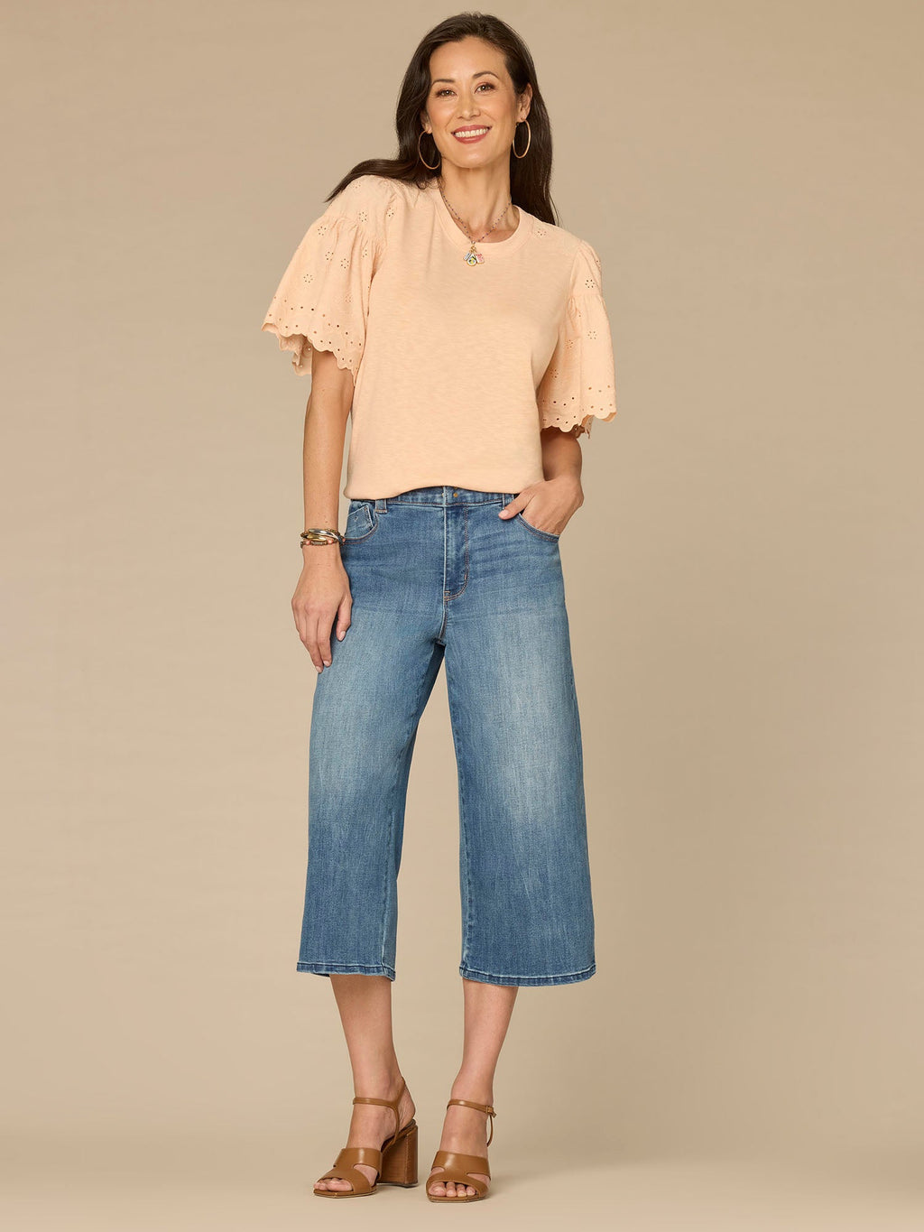 Embroidered Elbow Puff Sleeve Scoop Neck Mixed Media Knit Top