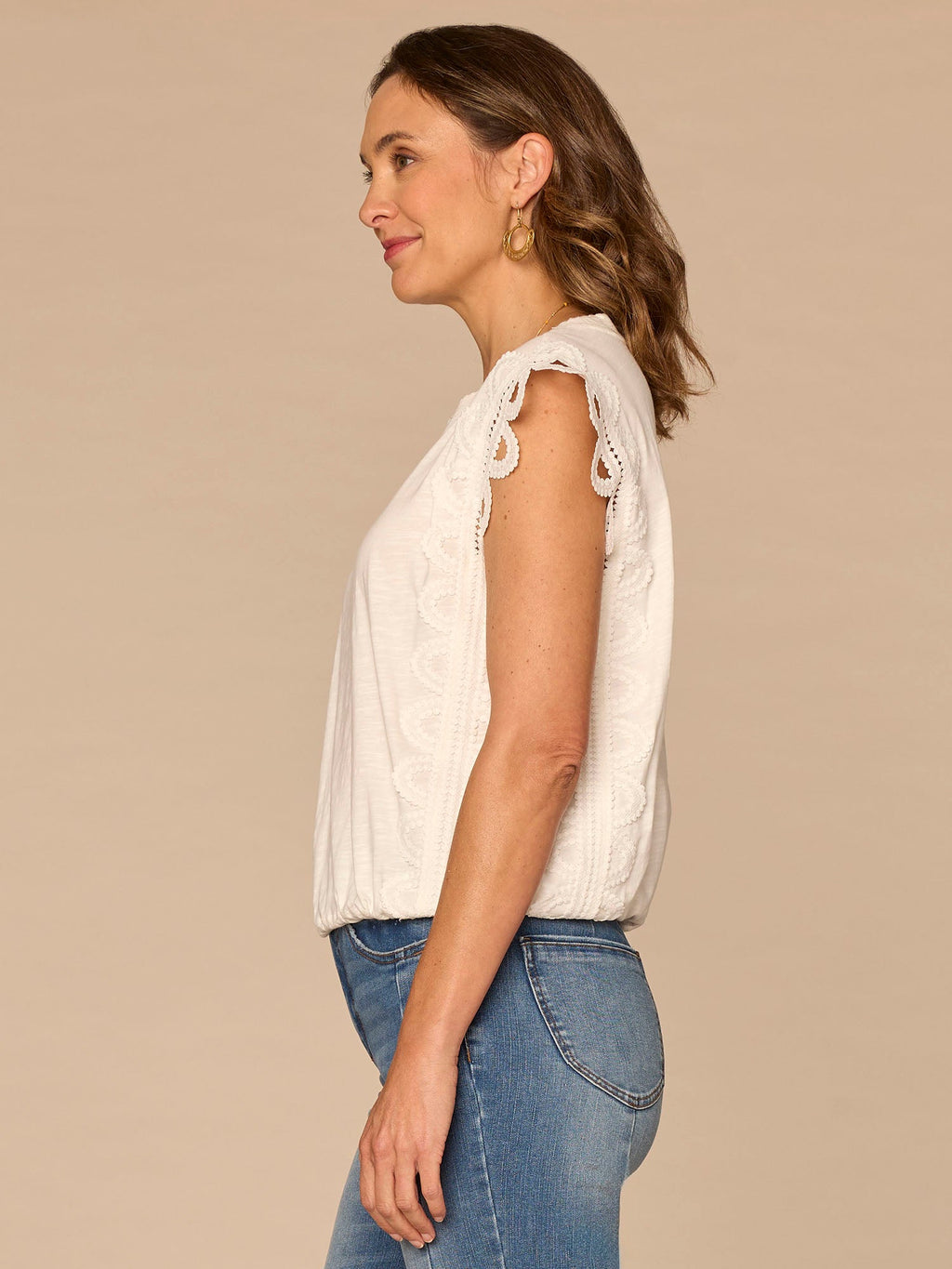 Extended Cap Sleeve Scoop Neck Scallop Trim Bubble Hem Petite Knit Top