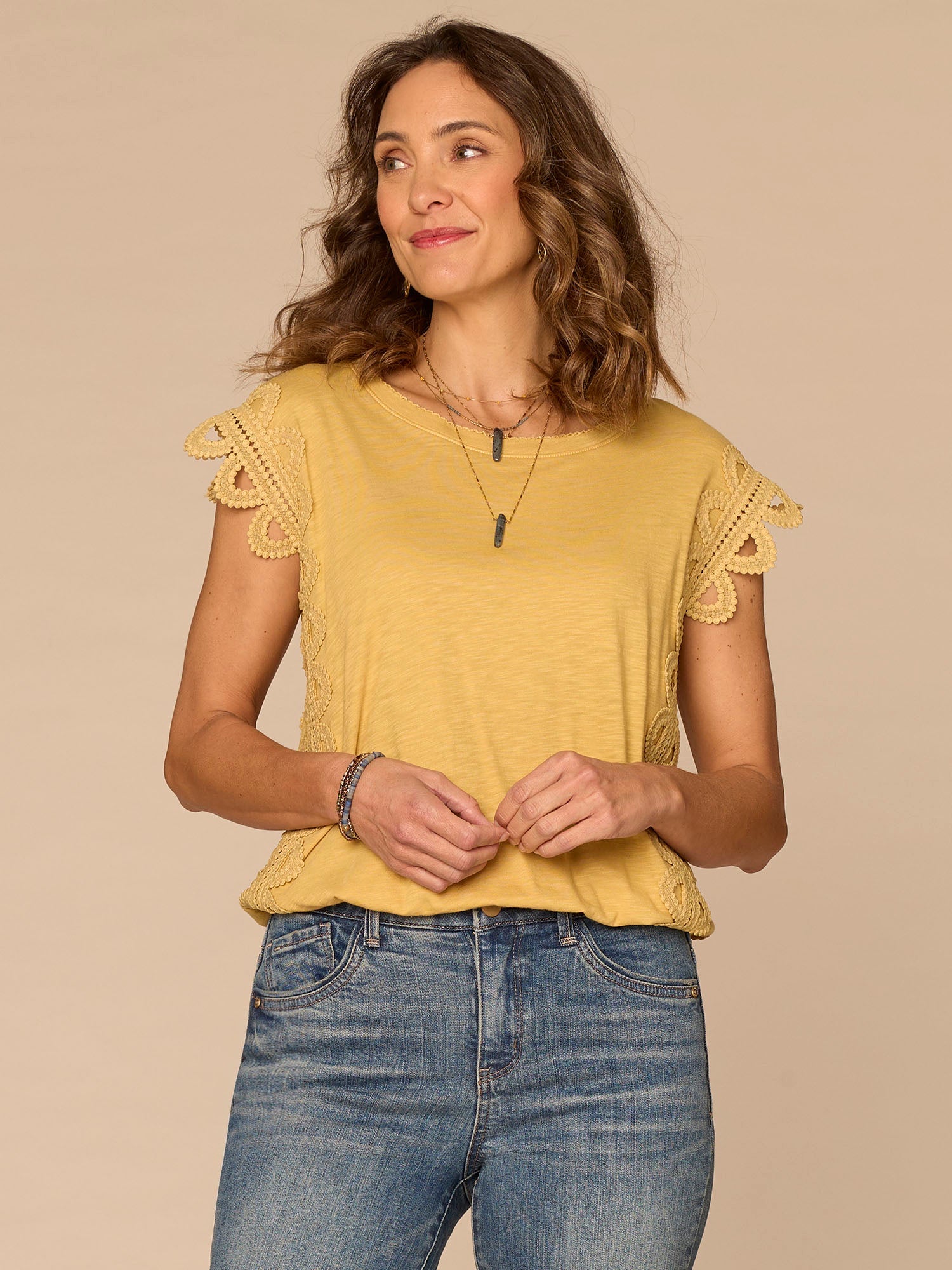 Extended Cap Sleeve Scoop Neck Scallop Trim Bubble Hem Petite Knit Top