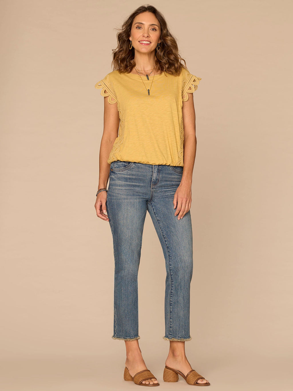 Extended Cap Sleeve Scoop Neck Scallop Trim Bubble Hem Knit Top