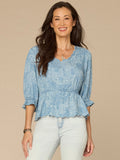 Below Elbow Lantern Sleeve V-Neck Scallop Edge Peplum Woven Top