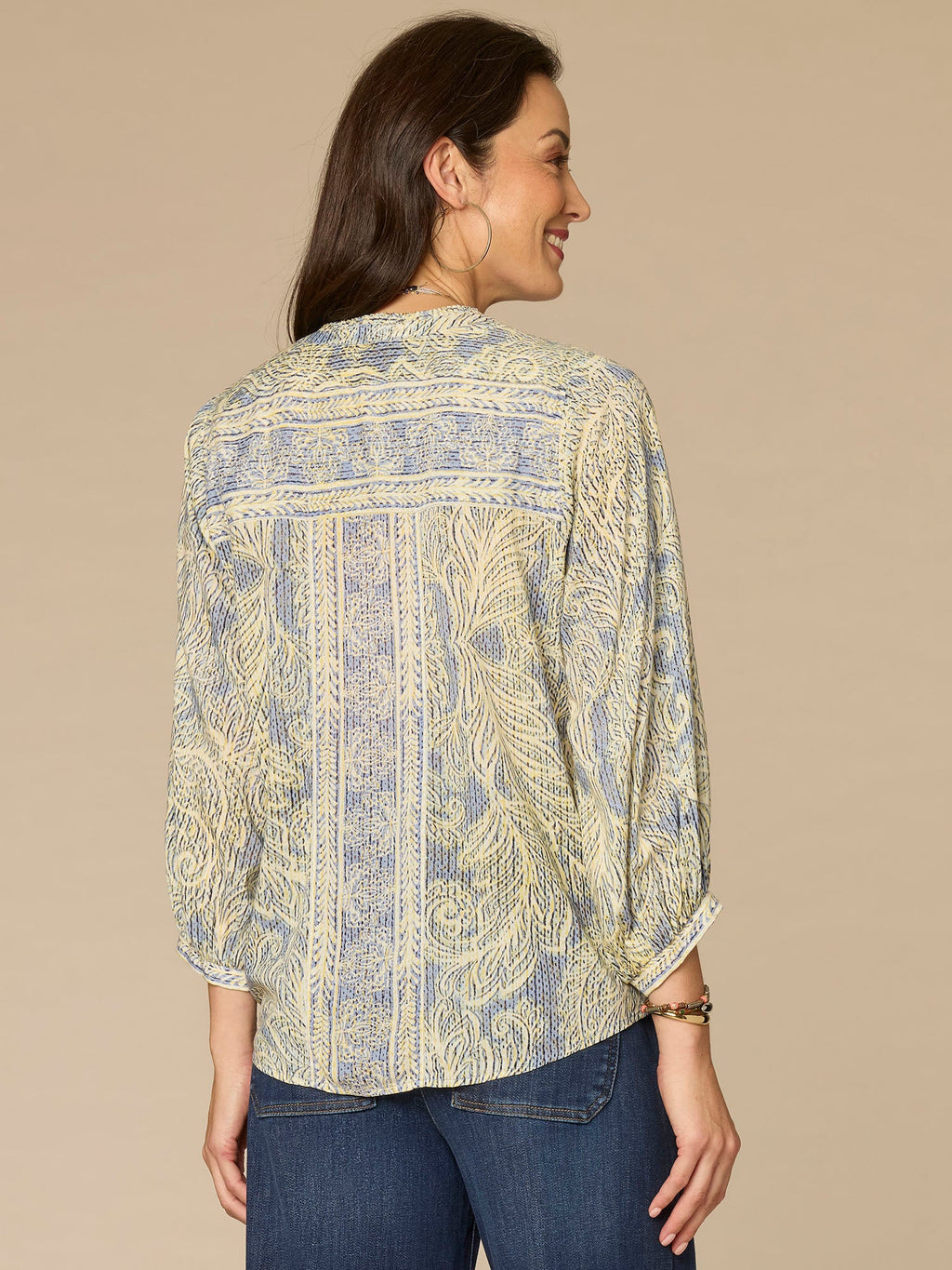 Blouson Sleeve Stand Collar Pleated Button Down Printed Woven Top