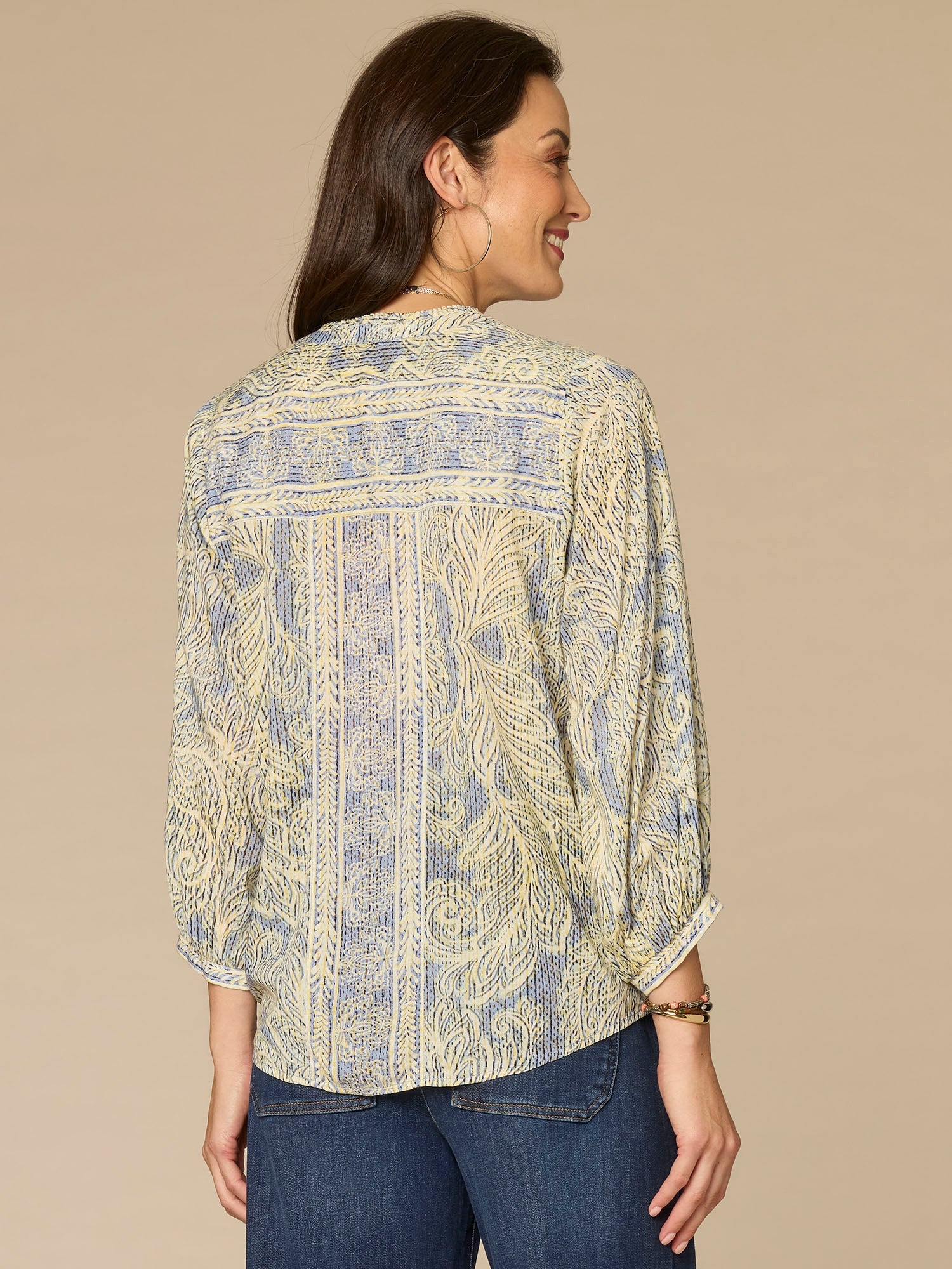 Blouson Sleeve Stand Collar Pleated Button Down Printed Woven Top