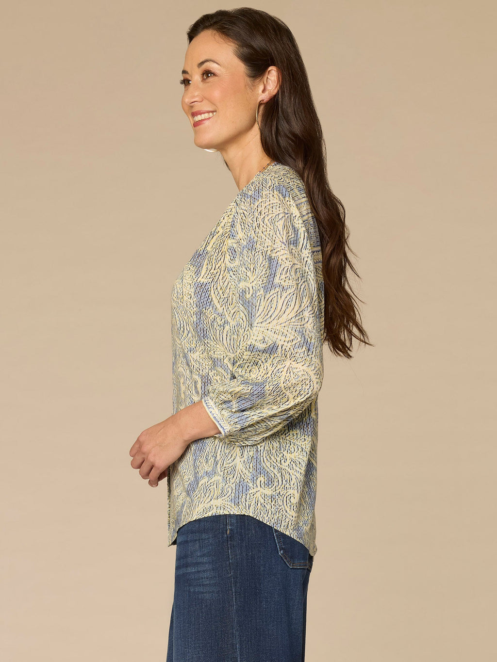 Blouson Sleeve Stand Collar Pleated Button Down Printed Woven Top