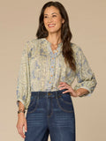 Blouson Sleeve Stand Collar Pleated Button Down Printed Woven Top