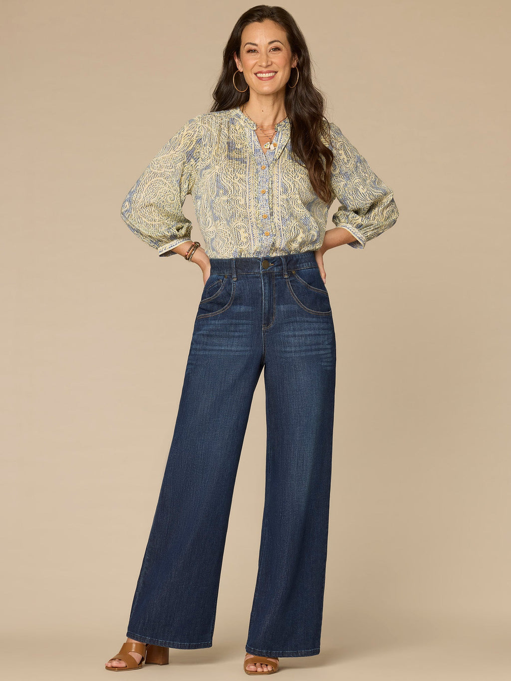 Blouson Sleeve Stand Collar Pleated Button Down Printed Woven Top