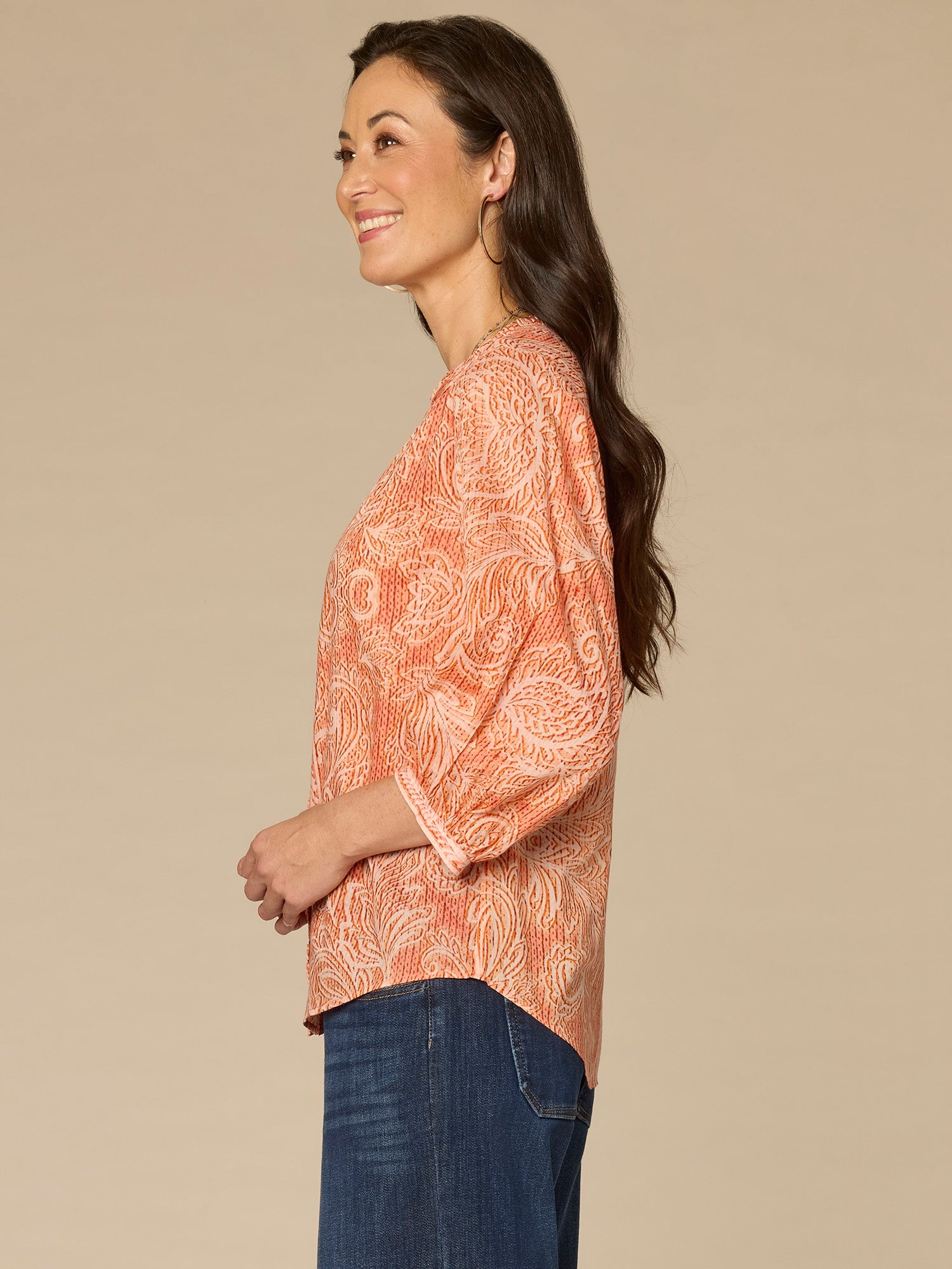 Blouson Sleeve Stand Collar Pleated Button Down Printed Woven Top
