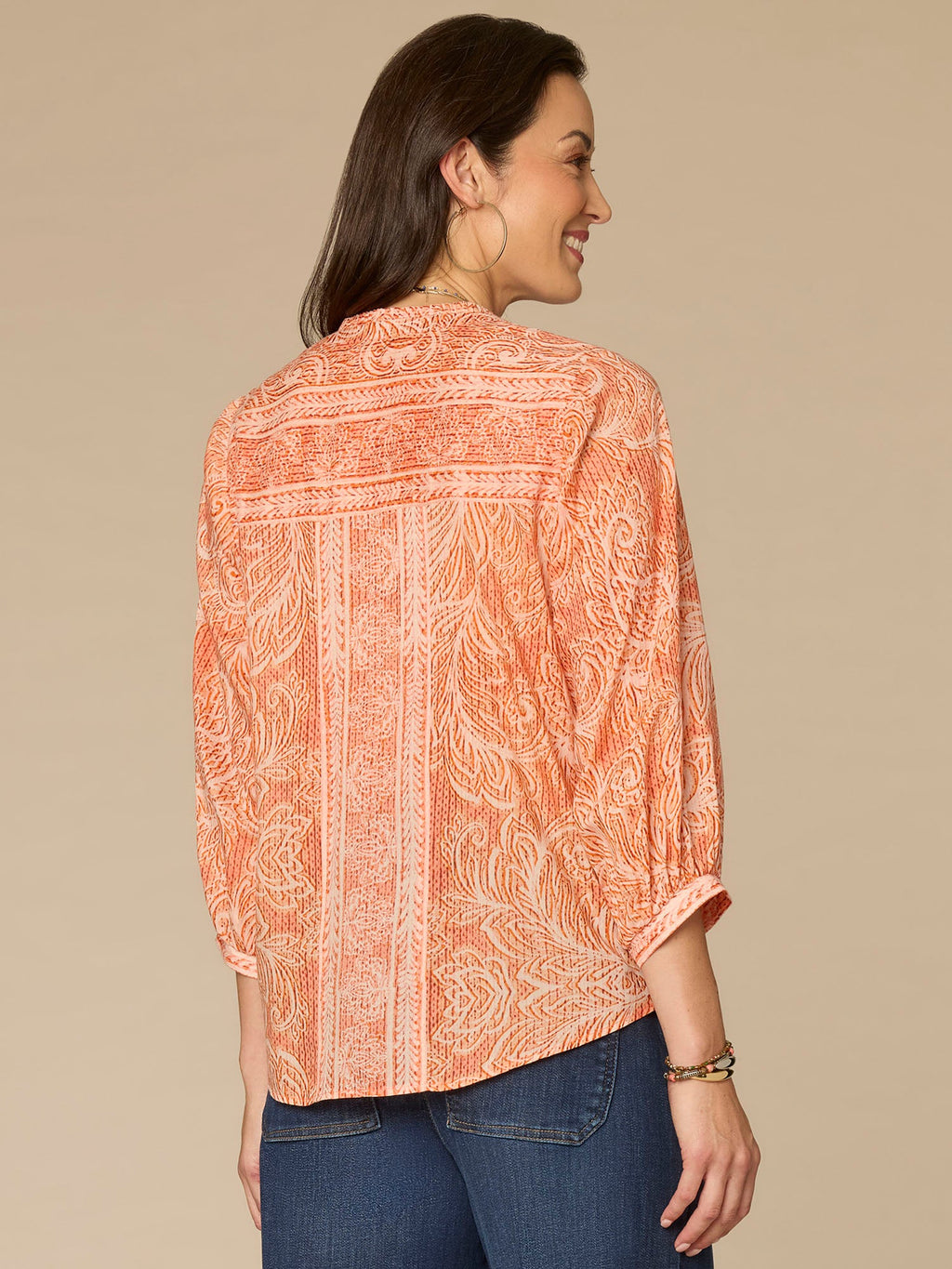 Blouson Sleeve Stand Collar Button Down Printed Petite Woven Top