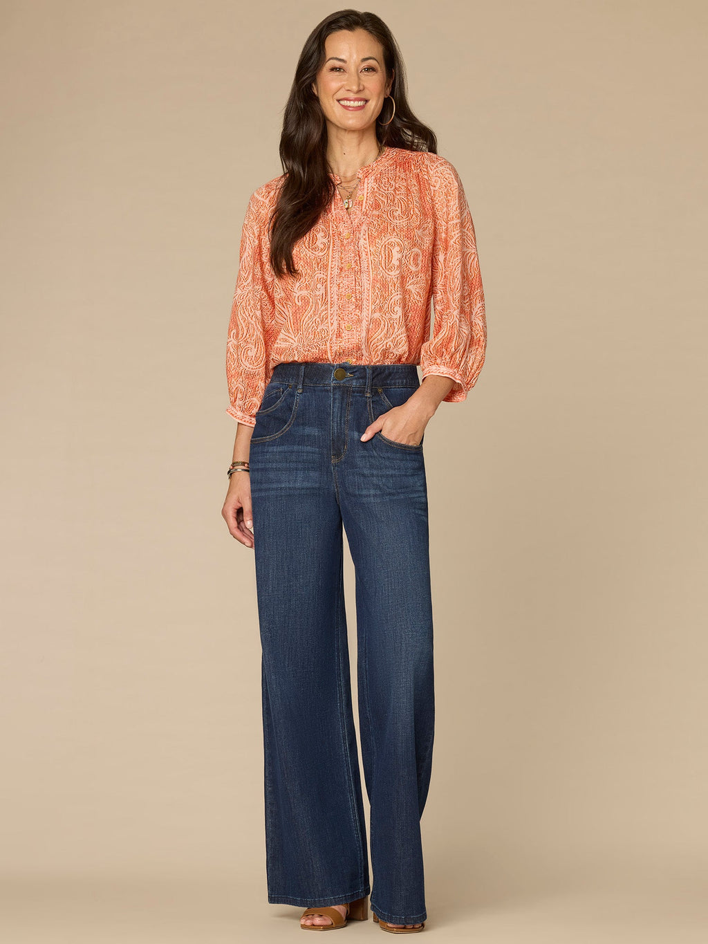 Blouson Sleeve Stand Collar Pleated Button Down Printed Woven Top