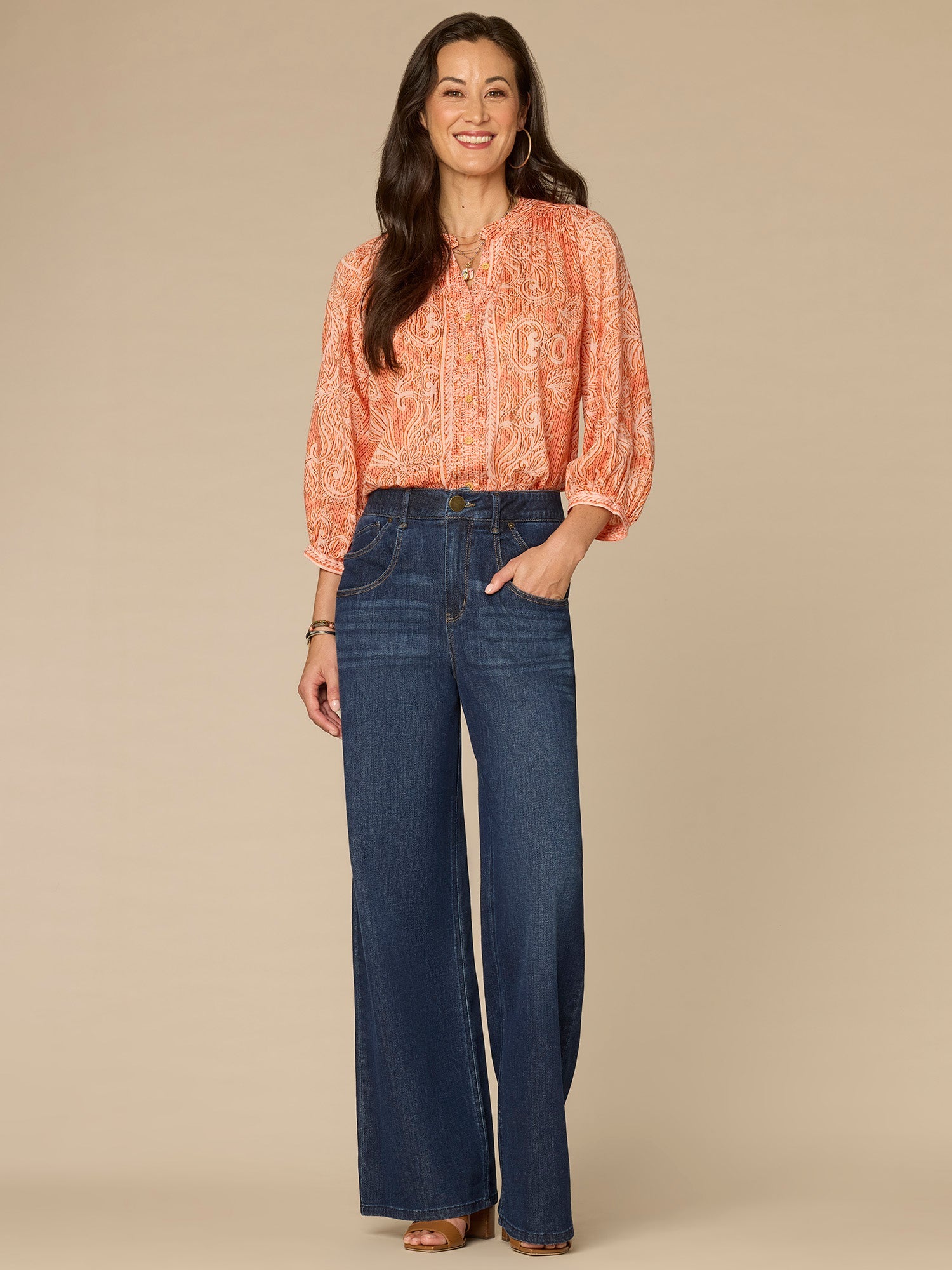 Blouson Sleeve Stand Collar Pleated Button Down Printed Woven Top