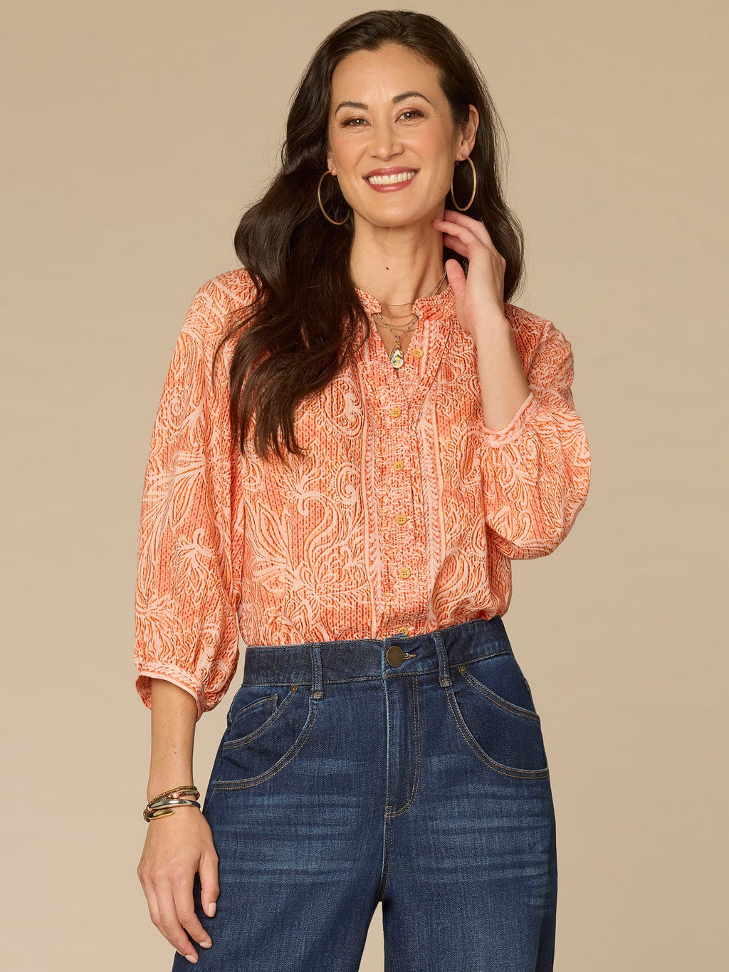 Blouson Sleeve Stand Collar Button Down Printed Petite Woven Top