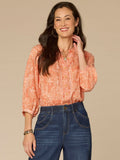 Blouson Sleeve Stand Collar Button Down Printed Petite Woven Top