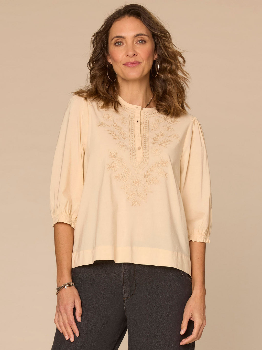 Below Elbow Blouson Sleeve Round Neck Embroidered Front Woven Top