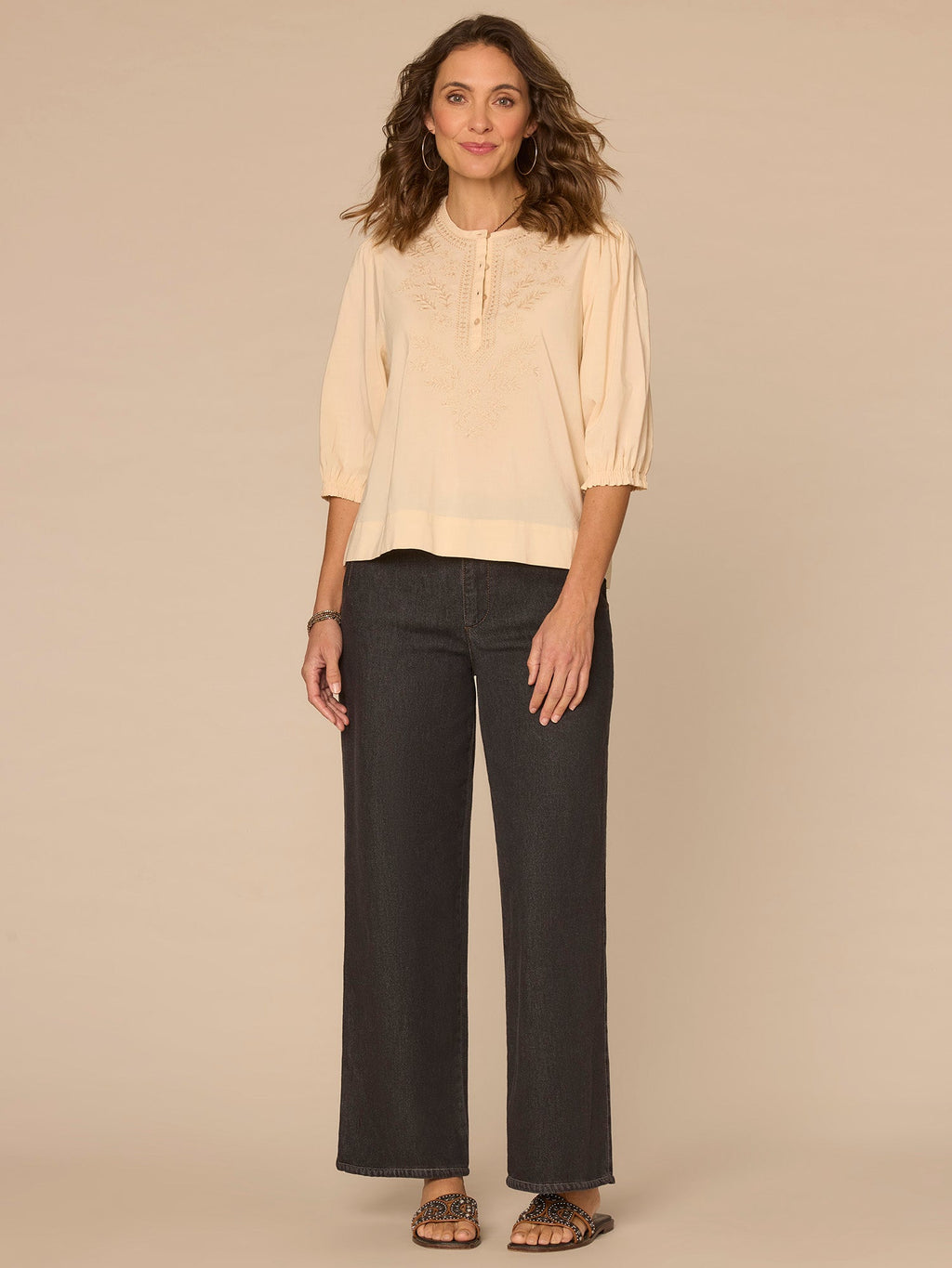 Below Elbow Blouson Sleeve Round Neck Embroidered Front Woven Top