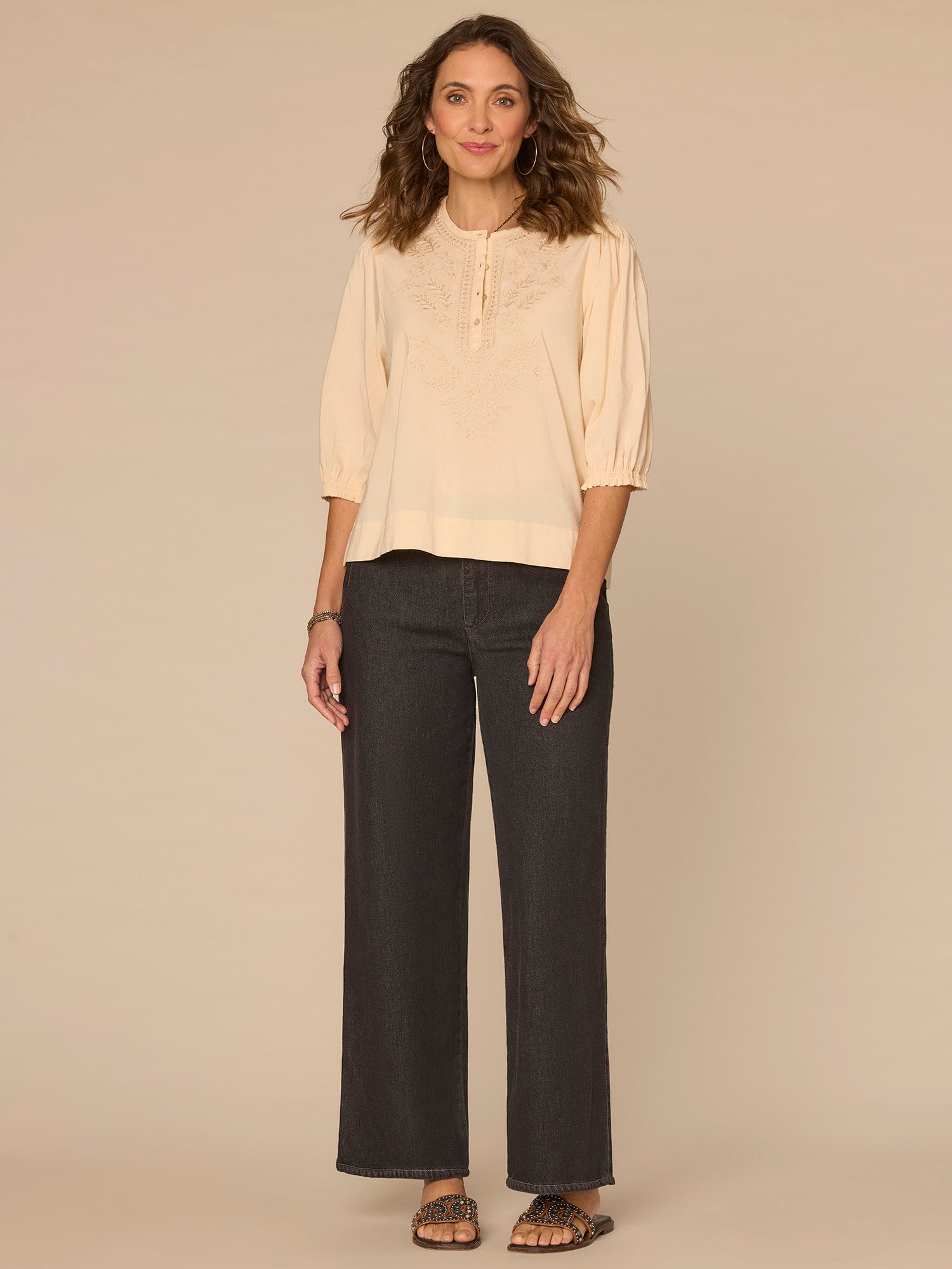 Below Elbow Blouson Sleeve Round Neck Embroidered Front Woven Top