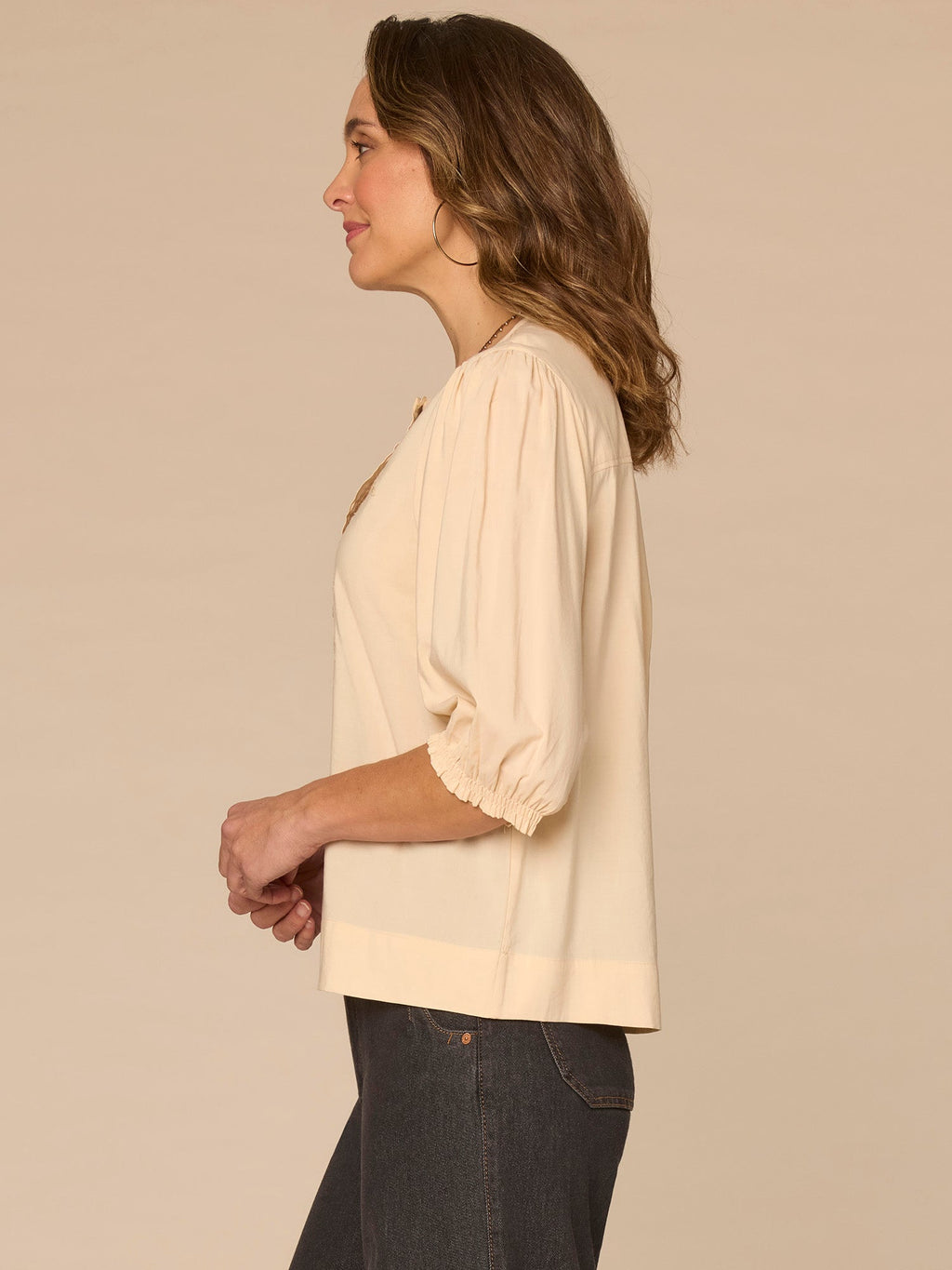 Below Elbow Blouson Sleeve Round Neck Embroidered Front Woven Top