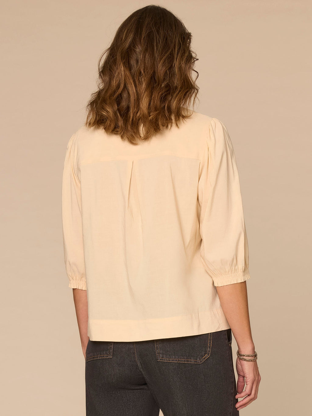 Below Elbow Blouson Sleeve Round Neck Embroidered Front Woven Top