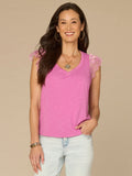 Flutter Cap Sleeve Scallop Sweetheart Neck Mixed Media Petite Knit Top