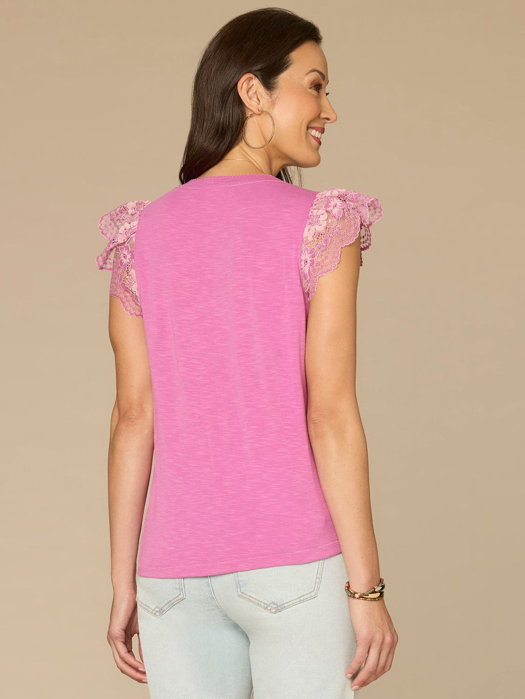 Flutter Cap Sleeve Scallop Sweetheart Neck Mixed Media Knit Top