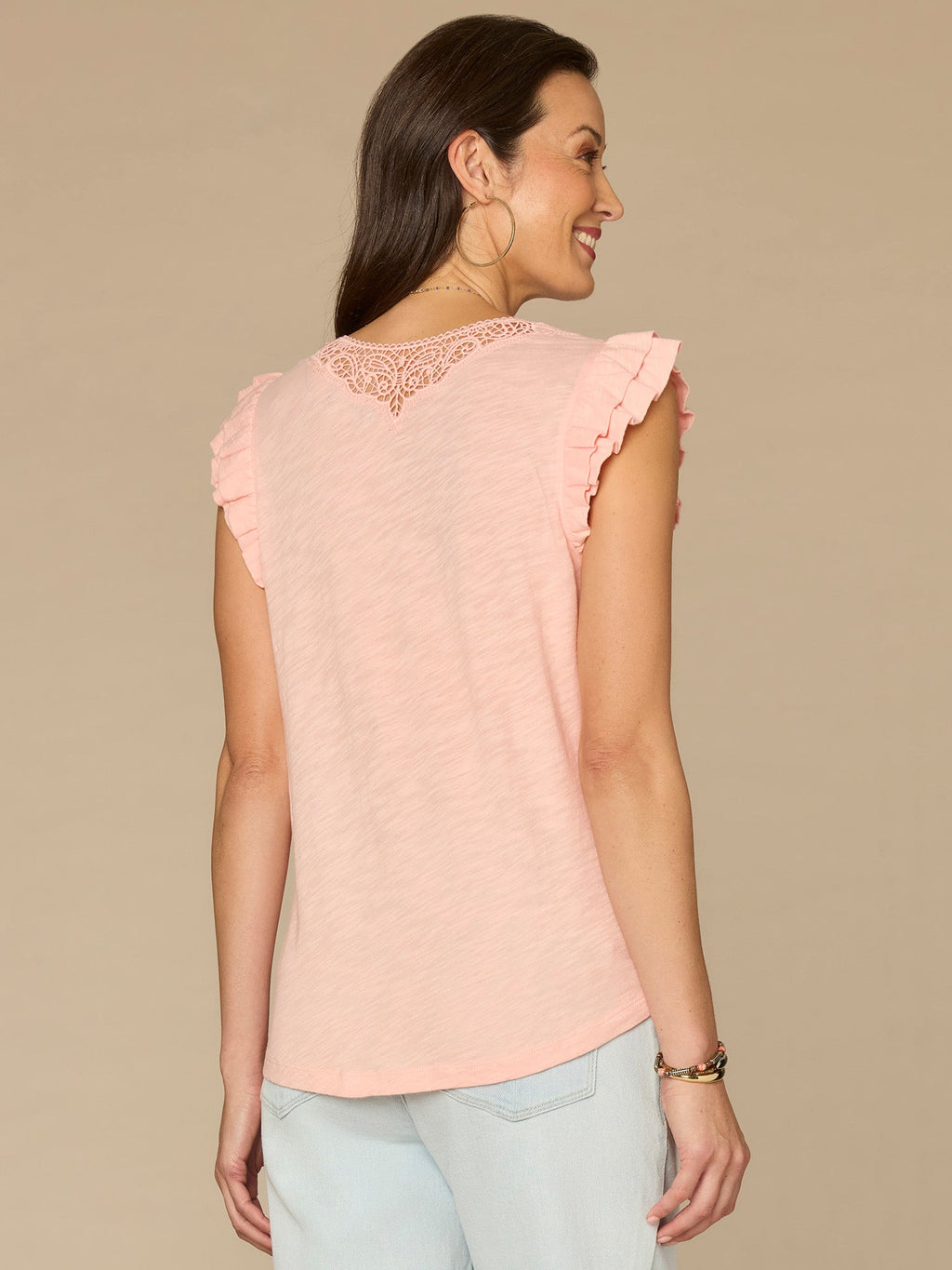 Double Ruffle Cap Sleeve Crochet V-Neck Surplus Hem Knit Top