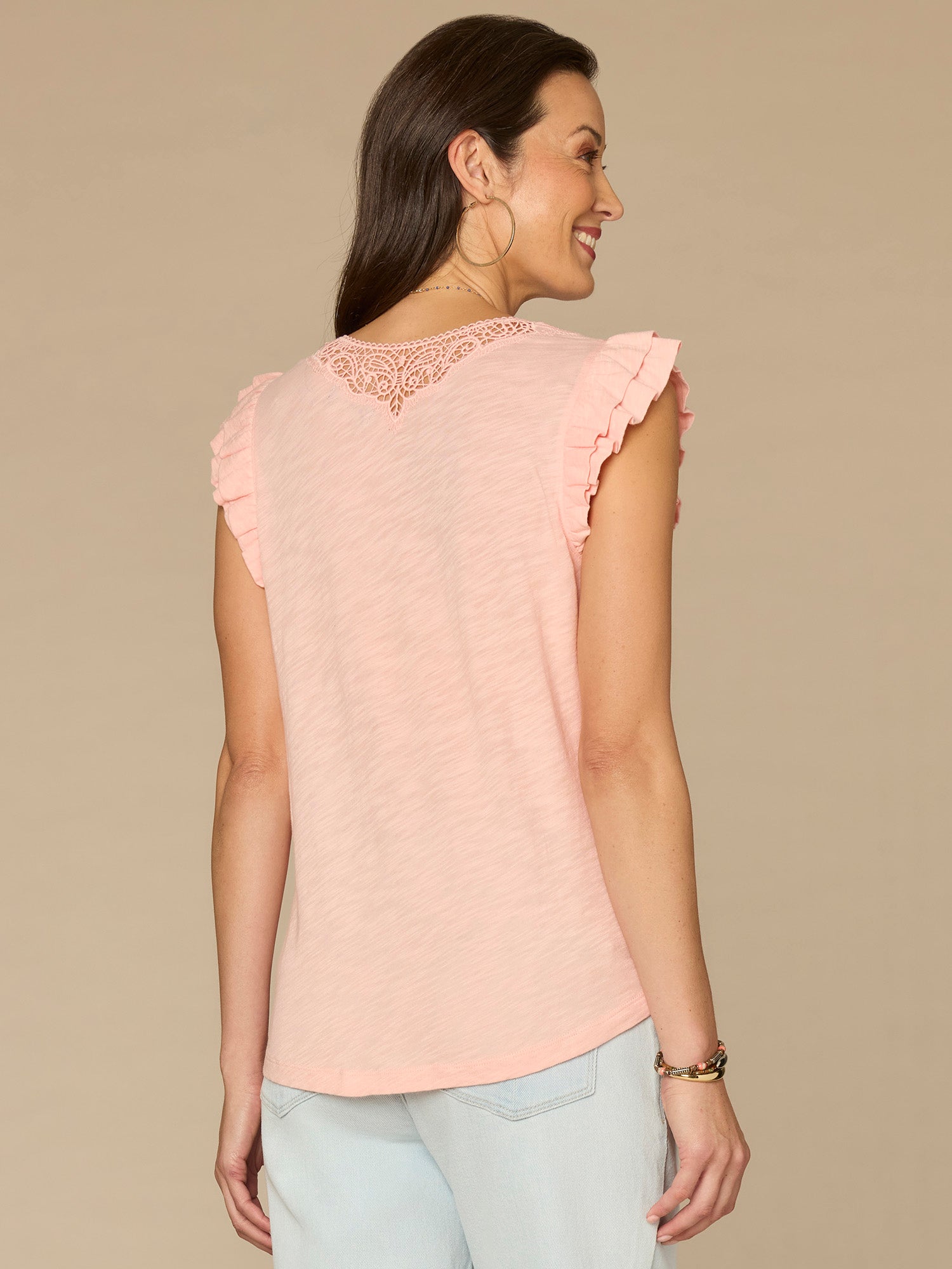 Double Ruffle Cap Sleeve Crochet V-Neck Surplus Hem Knit Top