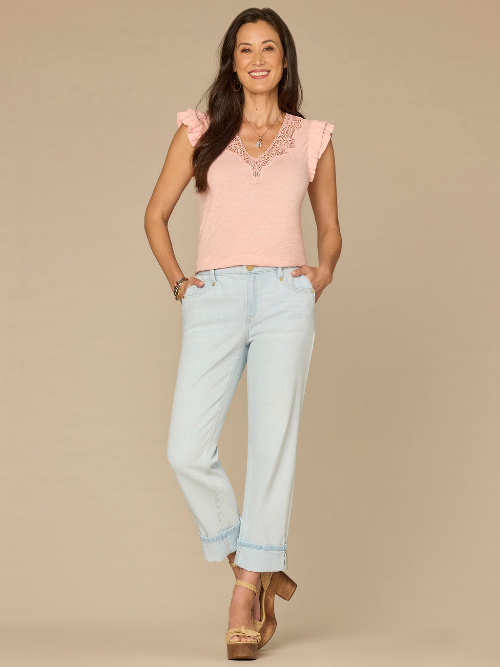 Double Ruffle Cap Sleeve Crochet V-Neck Surplus Hem Knit Top