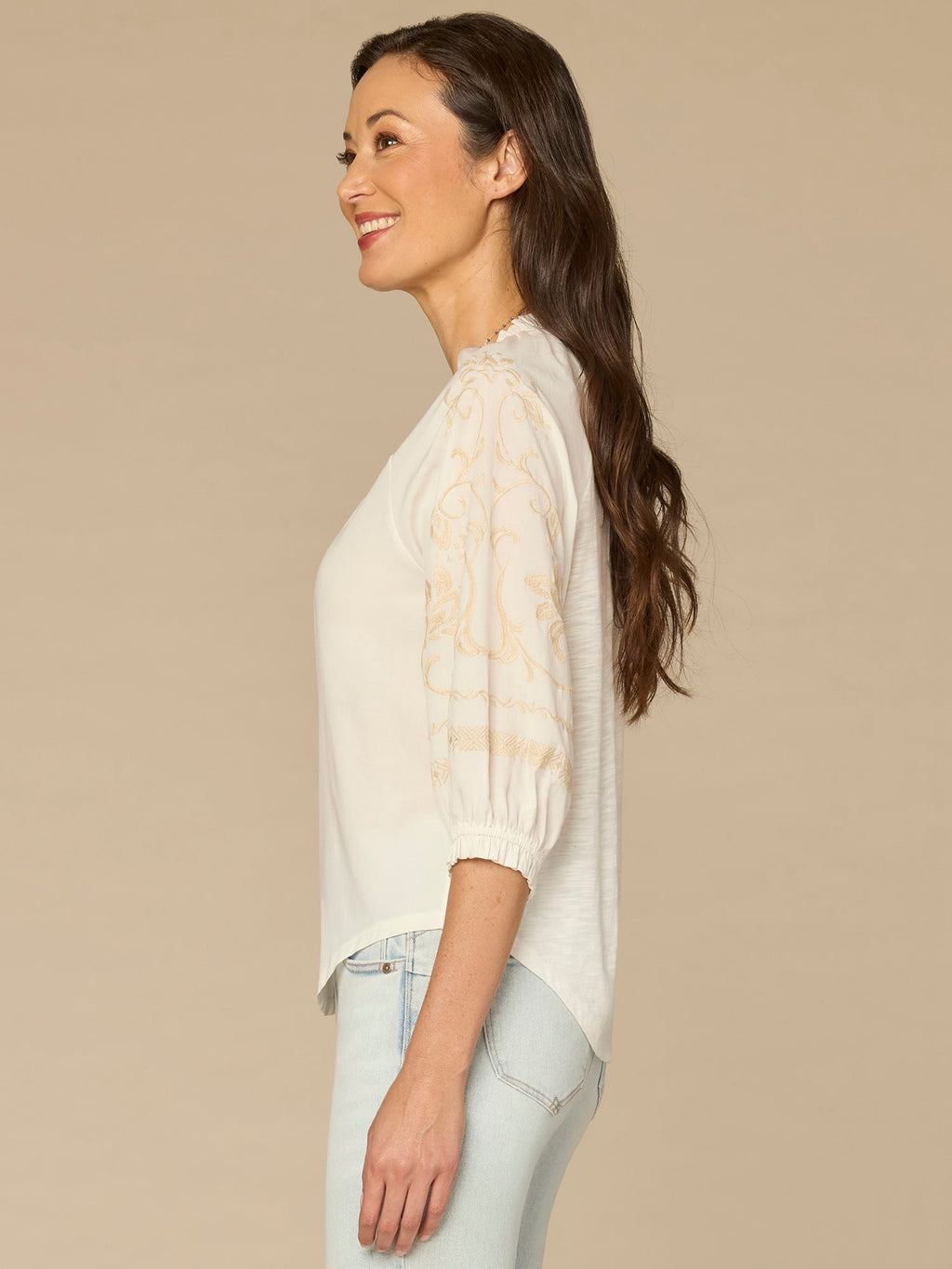 Blouson Sleeve Ruffle Neck Floral Placket Mixed Media Woven Top