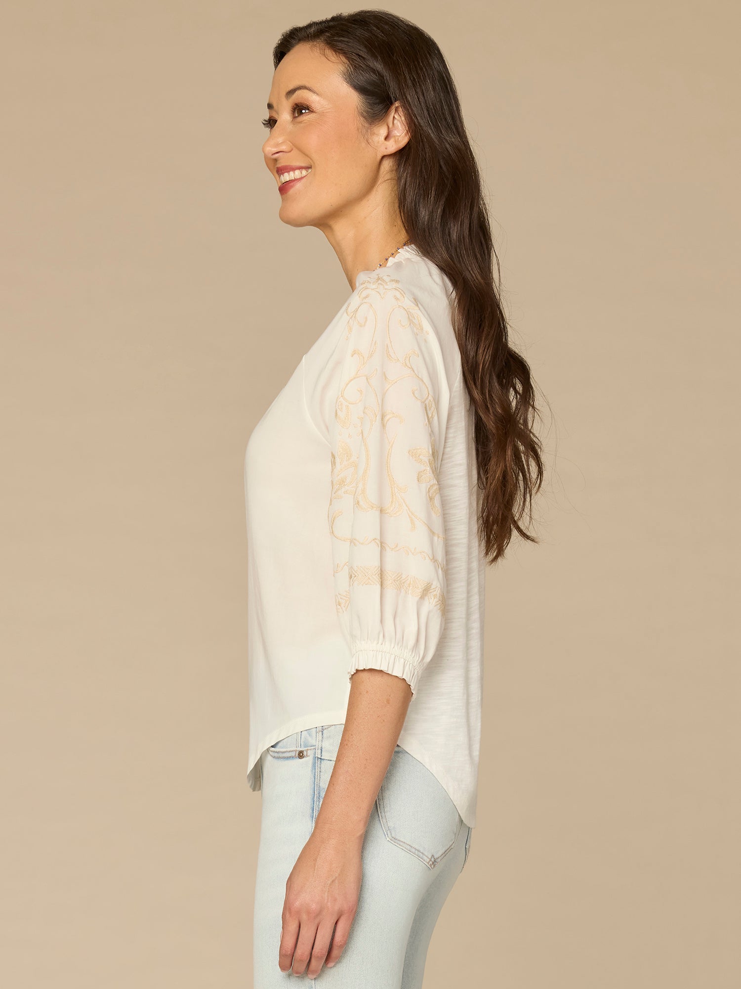 Blouson Sleeve Ruffle Neck Floral Placket Mixed Media Petite Woven Top