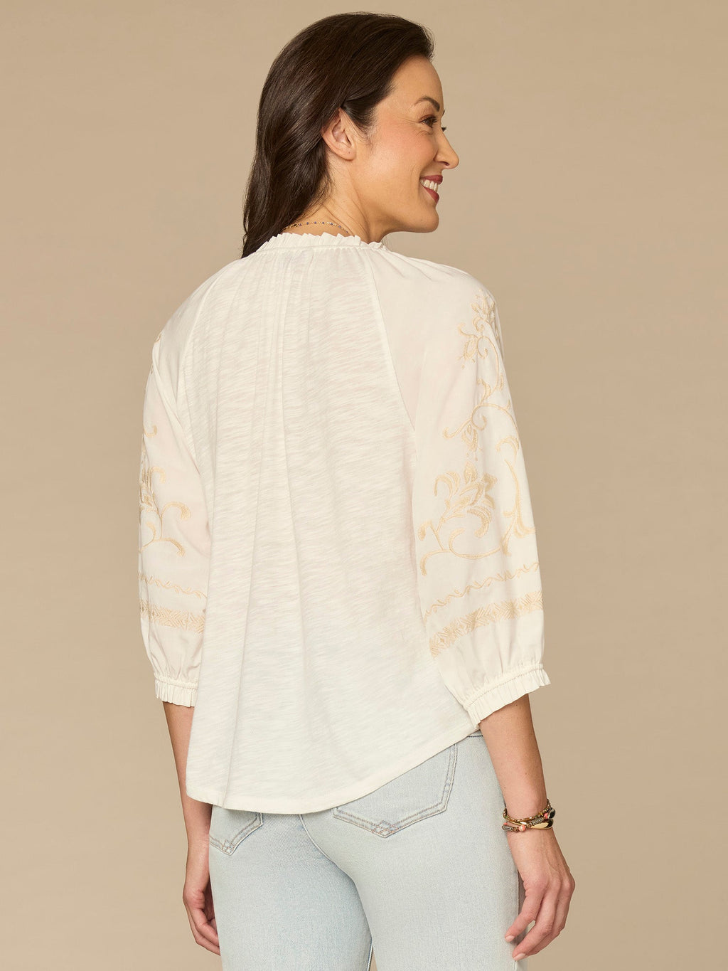 Blouson Sleeve Ruffle Neck Floral Placket Mixed Media Petite Woven Top