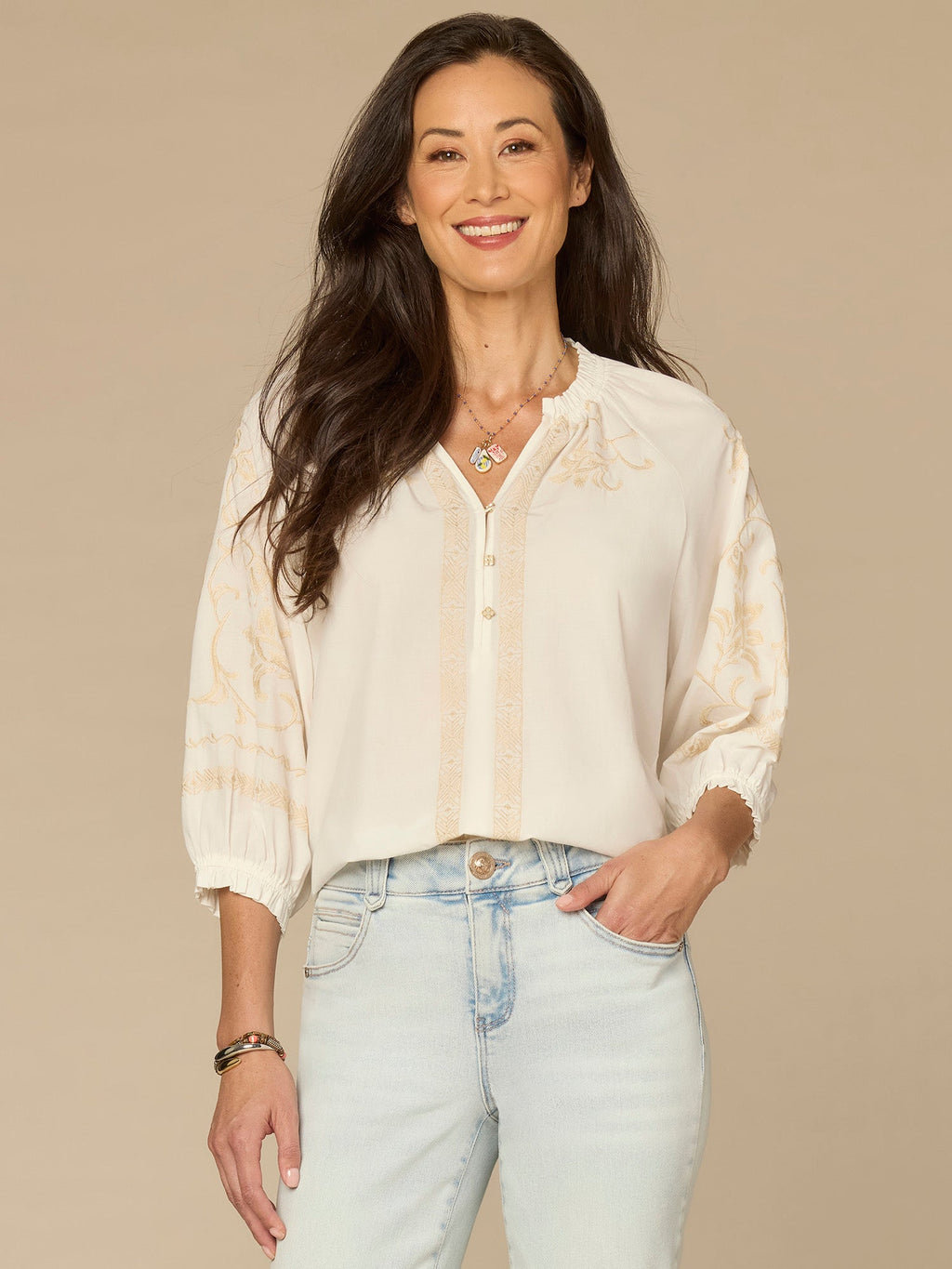 Blouson Sleeve Ruffle Neck Floral Placket Mixed Media Petite Woven Top